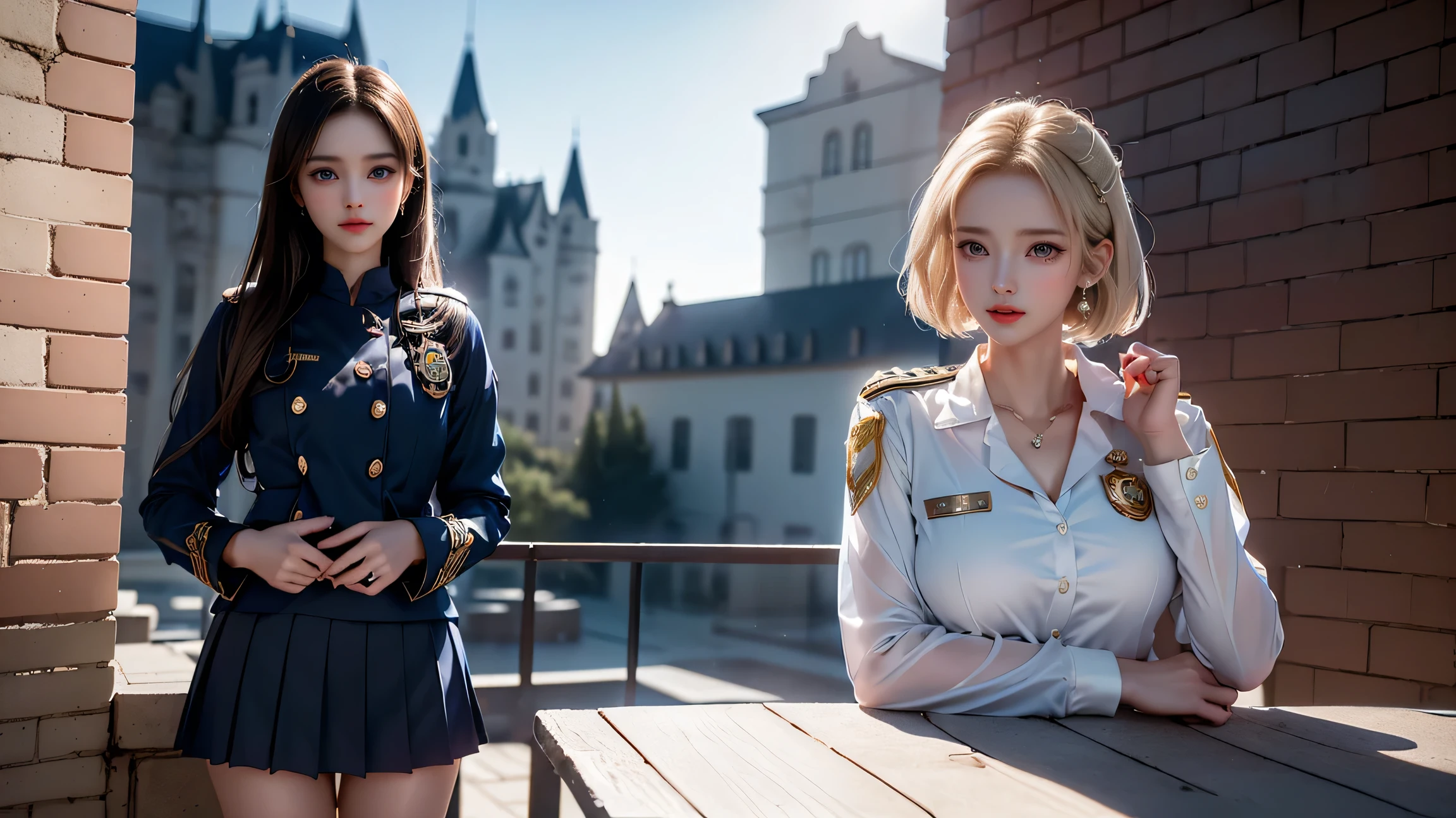 (( lying girl ),( Police Woman in Front of a Brick Wall ), top quality work ,Live-action film, Ultra premium graphics,8K HD CG Works,High Quality Graphics,High-definition CG works,10x pixels, Ultra Fine Details :1.1, High Level Technical Details :1. very FINE DETAILS , natural light:1.5.Lighting Effects(Virtual Lighting Effects:1. 8)、( GOLDEN WHITE SHORT HAIR )、( bob hair)、 thin eyebrows、high nose、Nice red lips、Rose Cheek、 CASUAL MAKEUP FACE 、Cute Face、 PERFECTLY BALANCED FACE 、 LIGHT-TONE FOUNDATION 。 Foundation that enhances skin transparency。((Female Officer:1.5)),(( Navy Blue Jacket with Emblem )),((Translucent Light Blue Blouse )),(( navy blue tight skirt))。40k、photograph、 on the table 、 top quality 、 rain background、((1.A girl with beautiful eyes and light hair、 white skin、Mr.A pose。( medium on a white shirt::1.1))、 top quality 、On the table、 super high res、( real::1.4)、RAWphotograph、( perfect figure)、( slim::1.3)、 slim abdomen 、 concert venue、 dynamic pose 、one person、Cold light 12000K、 fine face and skin texture、Fine particles、 Realistic eyes、 beautiful fine particles 、(Real Skin)、charm、 super high res、 surreal、 very thin、 long legs 、 high heels by Miguel、(smile)、( white visible 、
