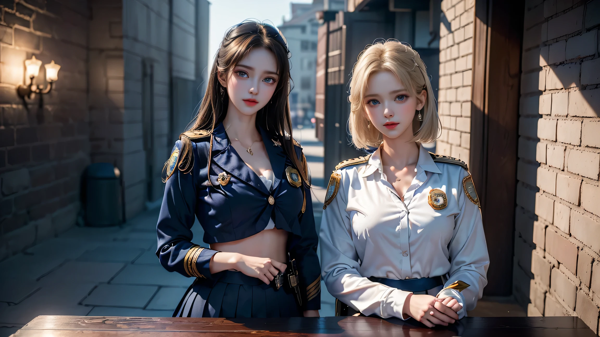 (( lying girl ),( Police Woman in Front of a Brick Wall ), top quality work ,Live-action film, Ultra premium graphics,8K HD CG Works,High Quality Graphics,High-definition CG works,10x pixels, Ultra Fine Details :1.1, High Level Technical Details :1. very FINE DETAILS , natural light:1.5.Lighting Effects(Virtual Lighting Effects:1. 8)、( GOLDEN WHITE SHORT HAIR )、( bob hair)、 thin eyebrows、high nose、Nice red lips、Rose Cheek、 CASUAL MAKEUP FACE 、Cute Face、 PERFECTLY BALANCED FACE 、 LIGHT-TONE FOUNDATION 。 Foundation that enhances skin transparency。((Female Officer:1.5)),(( Navy Blue Jacket with Emblem )),((Translucent Light Blue Blouse )),(( navy blue tight skirt))。40k、photograph、 on the table 、 top quality 、 rain background、((1.A girl with beautiful eyes and light hair、 white skin、Mr.A pose。( medium on a white shirt::1.1))、 top quality 、On the table、 super high res、( real::1.4)、RAWphotograph、( perfect figure)、( slim::1.3)、 slim abdomen 、 concert venue、 dynamic pose 、one person、Cold light 12000K、 fine face and skin texture、Fine particles、 Realistic eyes、 beautiful fine particles 、(Real Skin)、charm、 super high res、 surreal、 very thin、 long legs 、 high heels by Miguel、(smile)、( white visible 、