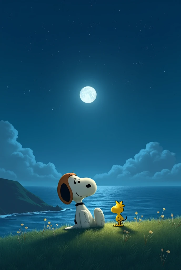 Snoopy sitting on the grass of the hill looking at the moon and starry sky from the coast with his little yellow friend