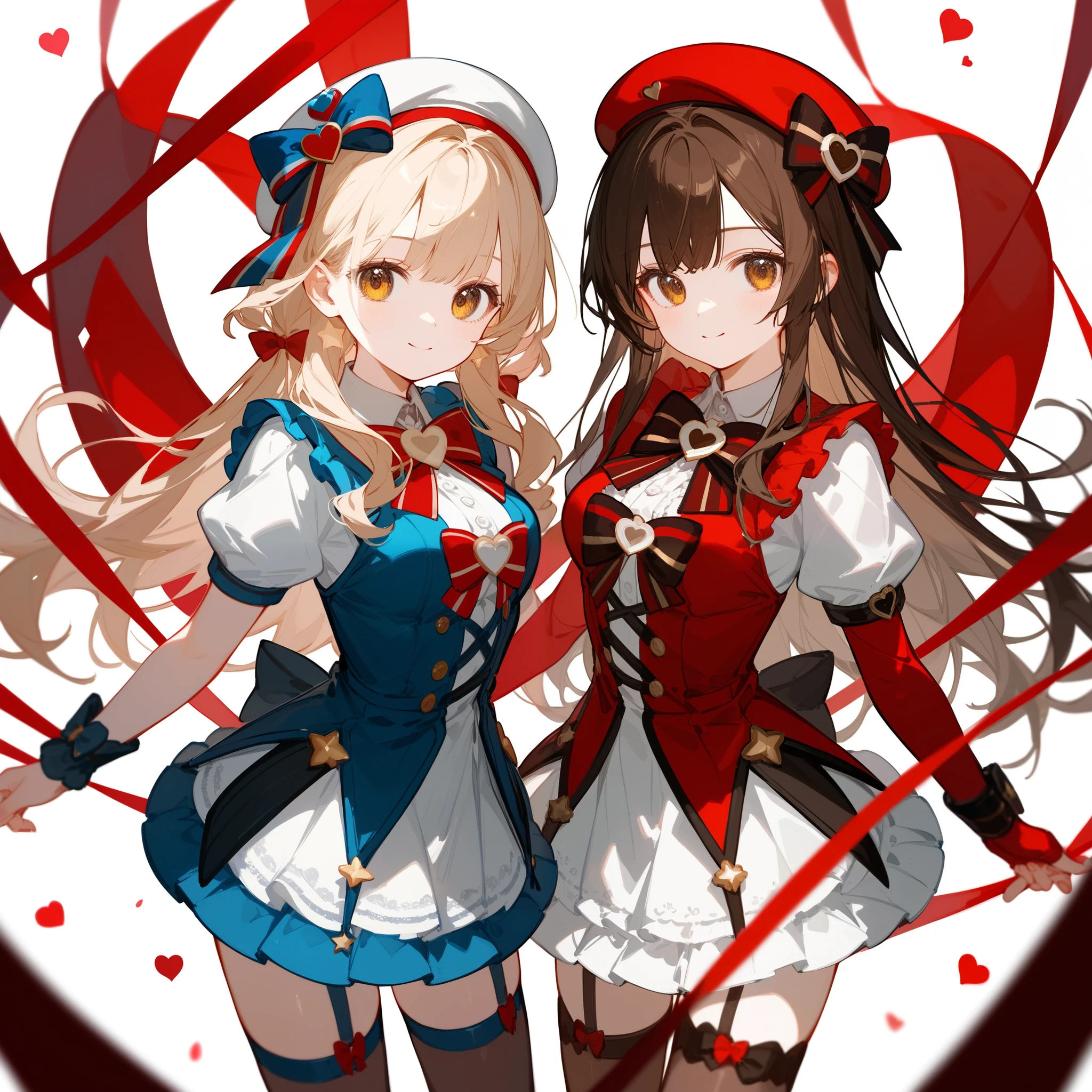 girl with a bitter chocolate image and a girl with a white chocolate image、 cute ruffle costume like a magical girl 、 beret with cute decorations 、big bow on the back、 lace cloth attached to beret 、Target two twin girls 、A puzzled look、valentine image background