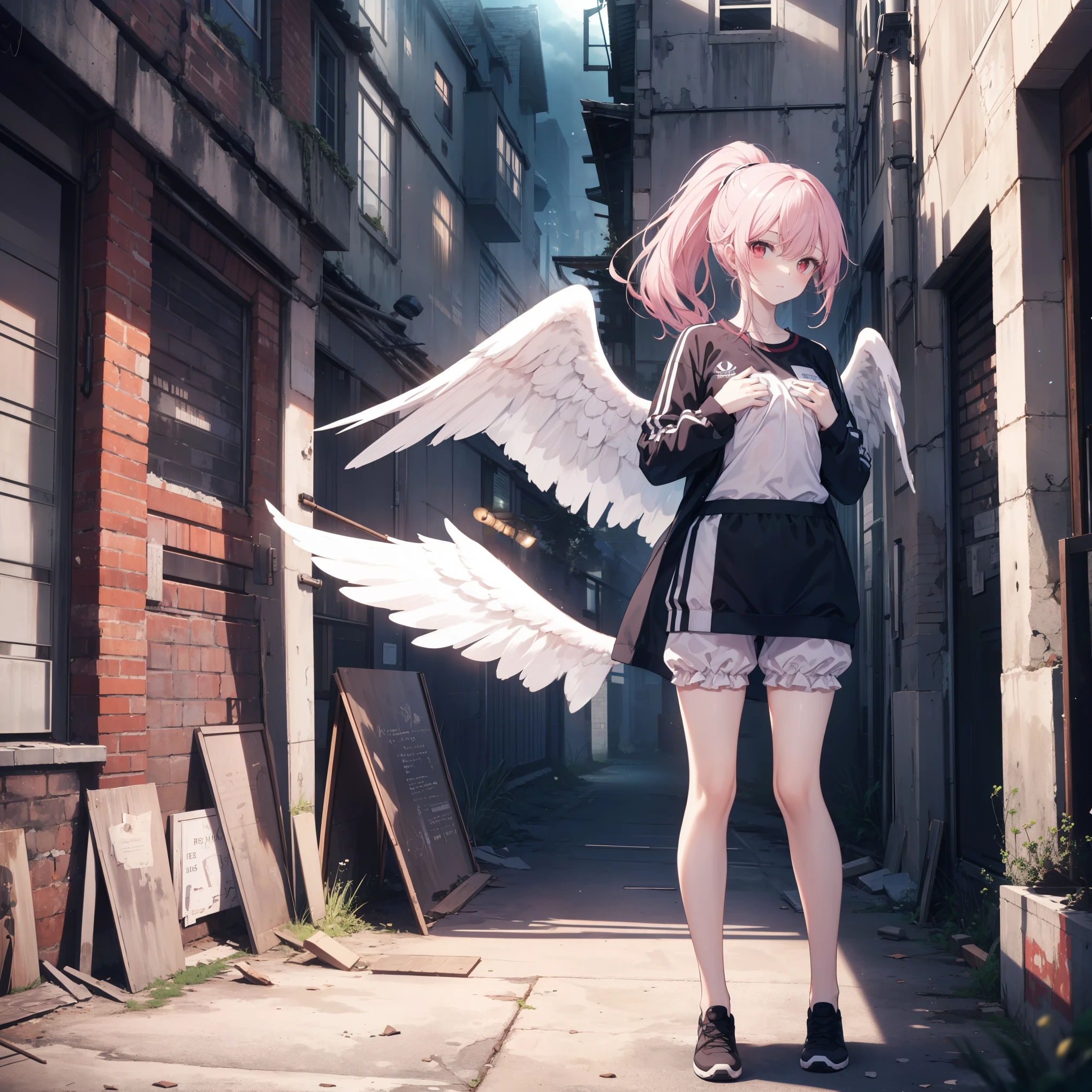 High image quality, masterpiece, best quality,
delicate hair, delicate eyes,
(pale pink hair, ponytail), (small breasts), (red eyes, angel wings)),
full body depiction,
((a pale-pink-themed angelic girl hugging a sniper rifle as tall as herself)),
((wearing a gym uniform with bloomers under a gray robe)),
on the rooftop of an abandoned building at night,
intense shadows, ruins, ultra-detailed, photorealistic, HD