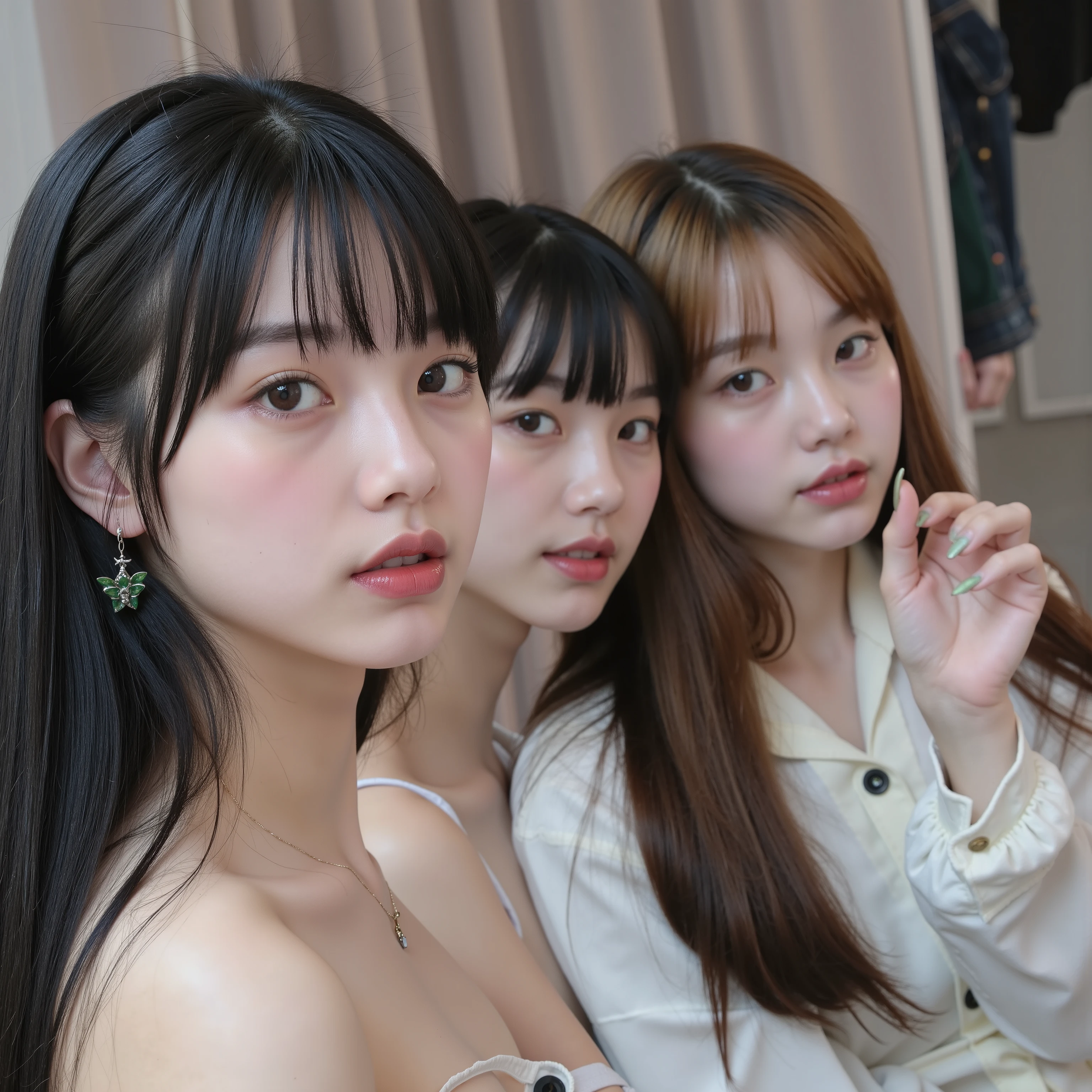 that, 3 girls, 3 sisters, Selfie, 3 Korean singers , Idol, thin , slanted eyes, big eyes, fringe separated on the right side , youthful appearance , light black hair , details eyes, student , Iris , smiling, smile, rounded face, youthful appearance , sitting on the edge of the , nudes , vintage aesthetic ,cute face, plump lips, long hair, volumoSo hair, luz media , luz Environment, agenda :night , reflexos no Environment, Environment focado, looking for, Environment:Room, , Be, objects, , curled eyes , Possessed, with text: "nokes369 ", 3 s, SISTERS, Cellular filter 2012