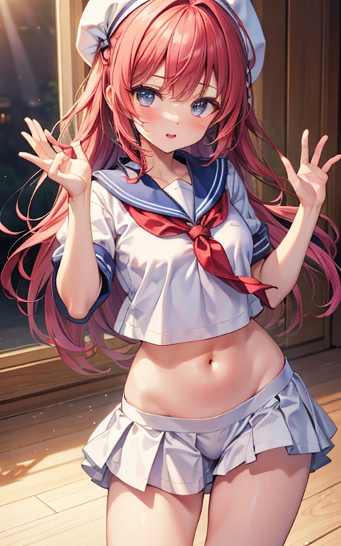 Masterpiece,best quality,Solo, cowboy shot,Sakurauchi riko, long hair, blush, love scene, skirt, sleeveless, pleated skirt, standing, serafuku, grey skirt, uranohoshi ,side breast,navel,thicc thighs , laying on bed,on back, lovely smile, sweaty , panties