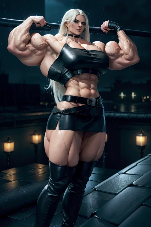 ((((Massive tall, beautiful, buff, light brown skinned muscular woman with white hair, black lipstick, ginormous bulky muscles, welding blue flame and wearing a beautiful black leather minidress)))), close view, black leather minidress, massive muscle, massive biceps, hyper muscle shoulders, ((ginormous muscle arms)), hyper muscle triceps, (long hair), blue eyes, choker, (chain belt), black coat, black boots, (fingerless gloves), (ice smoke surrounding the body), in a darken skyscraper office, sexy glare, night, hyper vascular arm, hyper muscles arms, hyper muscle legs, (ginormous arms).