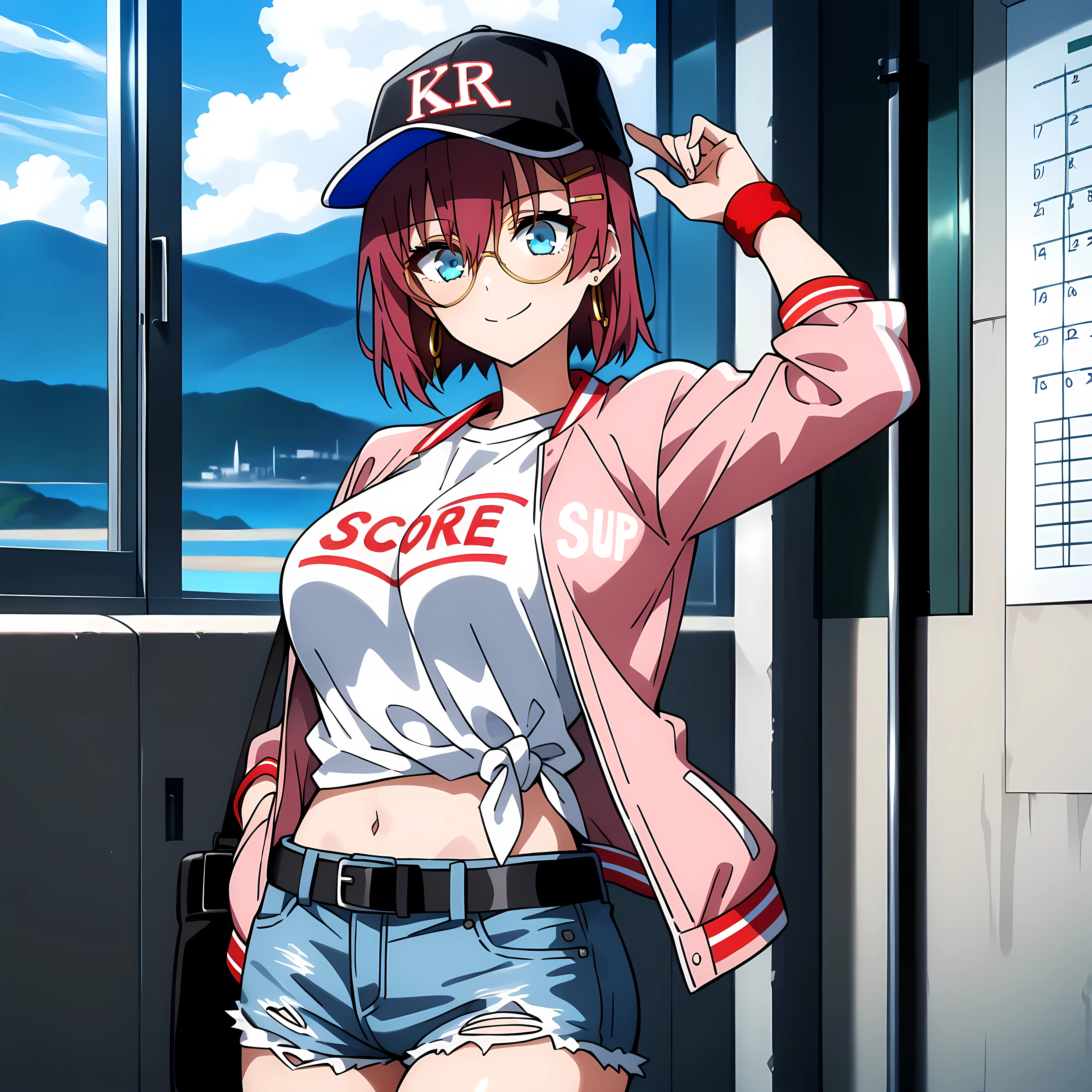 masterpiece, best quality, amazing quality, very aesthetic, absurdres, newest, scenery,highly detailed,high-resolution, {{Increase saturation:1.2、Highly colored}} looking at viewer,smile, solo, AkaneNanao,1girl,red hair,short hair,hairclip,blue eyes, Medium breasts,
baseball cap, black headwear, text print, print headwear, glasses, round eyewear, yellow-framed eyewear, white shirt, t-shirt, clothes writing, midriff, pink jacket, open jacket, long sleeves, short shorts, blue shorts, denim shorts, torn shorts, cutoffs, black belt, hoop earrings, wristband