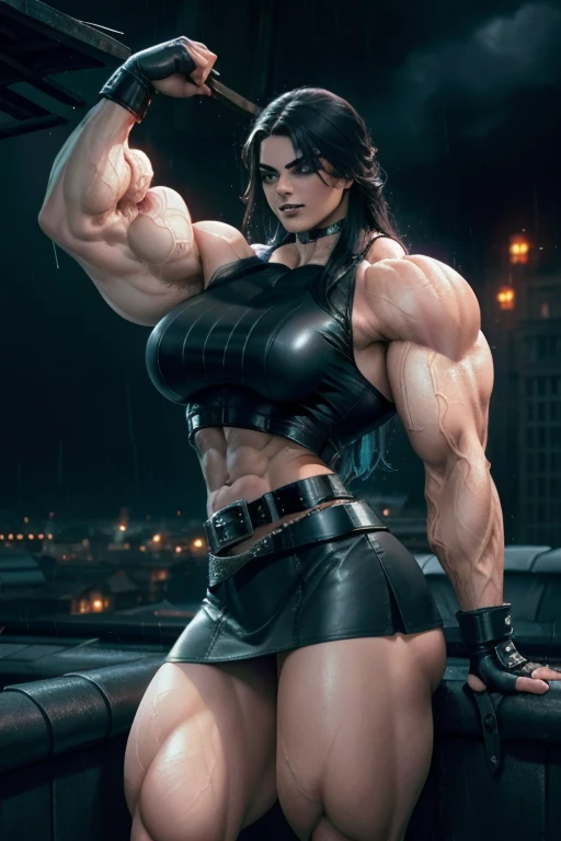 ((((Massive tall, beautiful, buff, light brown skinned muscular woman with black hair, black lipstick, ginormous bulky muscles, holding a crescent scythe and wearing an half button down black blouse with pleated skirt and leather coat)))), close view, massive muscle, massive biceps, hyper muscle shoulders, ((ginormous muscle arms)), hyper muscle triceps, (straight long hair), orange eyes, choker, pleated skirt, (chain belt), black coat, black boots, (fingerless gloves), (black smoke surrounding the body), in a darken skyscraper office, sexy glare, night, hyper vascular arm, hyper muscles arms, hyper muscle legs, (ginormous arms).