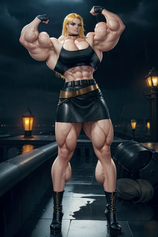 (((Massive tall, beautiful, buff, light brown skinned muscular woman with white hair, black lipstick, ginormous bulky muscles, carrying a giant sword and wearing a white long sleeve pleated shirt with beautiful long pleated skirt))), (close view), (massive muscles), long straight hair, ((chained belt)), blue eyes, choker, ((white long sleeve pleated shirt and tie)), neck tie, ((beautiful long pleated skirt)), belt, thigh high socks, black boots, (in a fire city), (meteor shower), closed smile, night, massive muscles