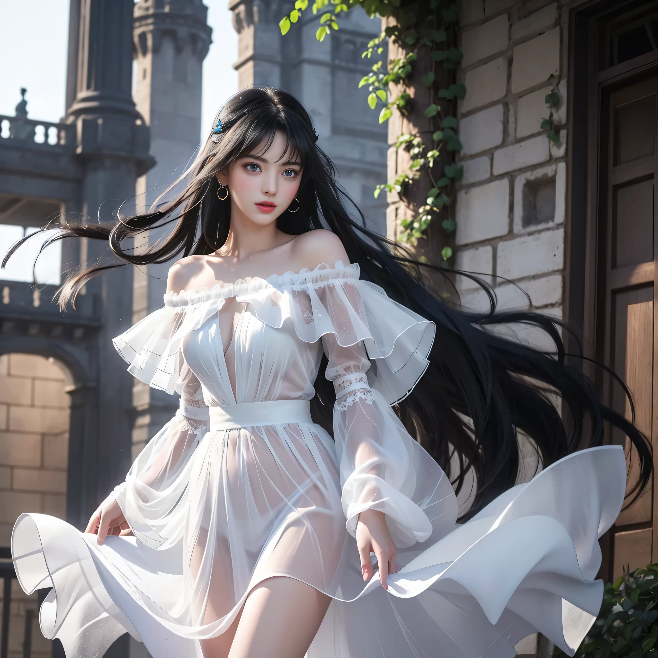 ((Girl standing in front of the wall of an old castle))、Fluorescent color、1 girl、Looking to the side、Beautiful face、Beautiful eyes、（Off the shoulder：1.2）、Upper Body、Shiny Hair、Glowing Skin、 Reduce glare、The proportions of the fingers have been adjusted、Escrow、ass pov、Dynamic Angle、(((Master part)))、(((highest quality)))、(((Super-detailed))) detailed）、（An illustration）、（Detailed light）、（Very delicate and beautiful）、Dramatic_Shadow、Ray_Tracking、reflection、 Ultra-high resolution、((A girl with colorful hair and mesh in her black hair))、 Her hair flutters in the wind、(Large deep blue eyes)、Black Haired Woman、 Sparkling Butterfly、Black-haired woman、Points of light around the woman、Magical Aura、Green dot、Aura About Natural、超Magical AuraBlack-haired woman,((Semi-transparent white open shoulder dress:1.3))、(No sleeve)、((My skirt is flying up in the wind)),((An old European castle is hazy in the distance)),((White panties are visible)), Hands on the head, Underarm, High Heel Wrench Pointed Toe Heel：1. 3、White skin、8K、((Lift your legs higher)),(I can see her panties),((Leg spread、Y-shaped balance))King、((Translucent white、gray、Body angle of brown fine patterned long dress)、Hands on head、Underarm、High Heel Wrench Pointed Toe Heel：1. 3、White skin、8K、((Lift your legs higher))、(I can see her panties)、((Leg spread))、((Y-shaped balance))
