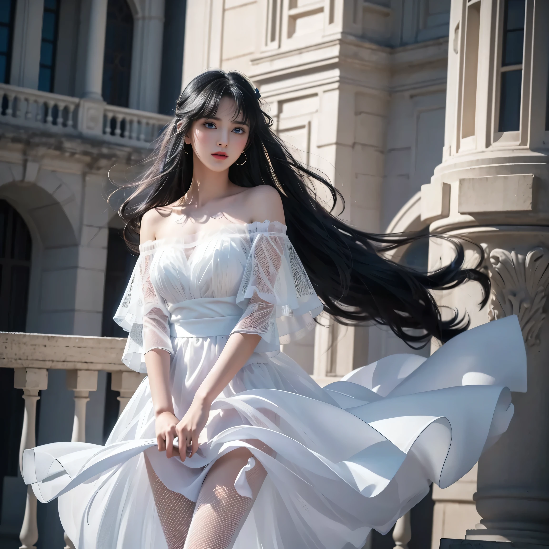 ((Girl standing in front of the wall of an old castle))、Fluorescent color、1 girl、Looking to the side、Beautiful face、Beautiful eyes、（Off the shoulder：1.2）、Upper Body、Shiny Hair、Glowing Skin、 Reduce glare、The proportions of the fingers have been adjusted、Escrow、ass pov、Dynamic Angle、(((Master part)))、(((highest quality)))、(((Super-detailed))) detailed）、（An illustration）、（Detailed light）、（Very delicate and beautiful）、Dramatic_Shadow、Ray_Tracking、reflection、 Ultra-high resolution、((A girl with colorful hair and mesh in her black hair))、 Her hair flutters in the wind、(Large deep blue eyes)、Black Haired Woman、 Sparkling Butterfly、Black-haired woman、Points of light around the woman、Magical Aura、Green dot、Aura About Natural、超Magical AuraBlack-haired woman,((White off-the-shoulder semi-transparent white dress:1.3))、(No sleeve)、((My skirt is flying up in the wind)),((An old European castle is hazy in the distance)),((White panties are visible)),