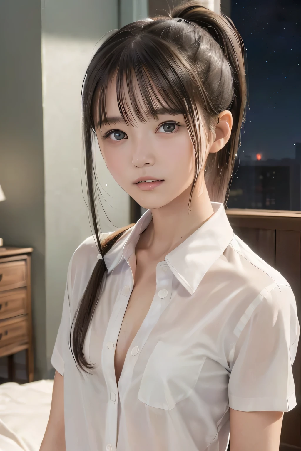high resolusion, ultrasharp, 8k, obra maestra, hu tao, schoolwear, tetas medianasy sexys, perfil, llorando, pecho desnudo, lenceria de encaje, de rodillas