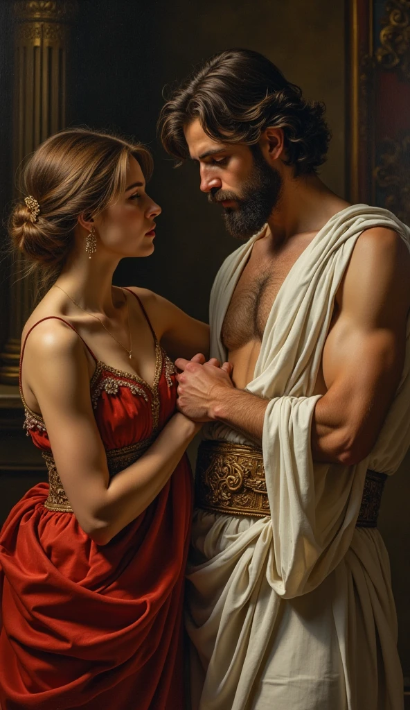 Biblical character Potiphar's wife seducing Joseph who was wearing a closed tunic