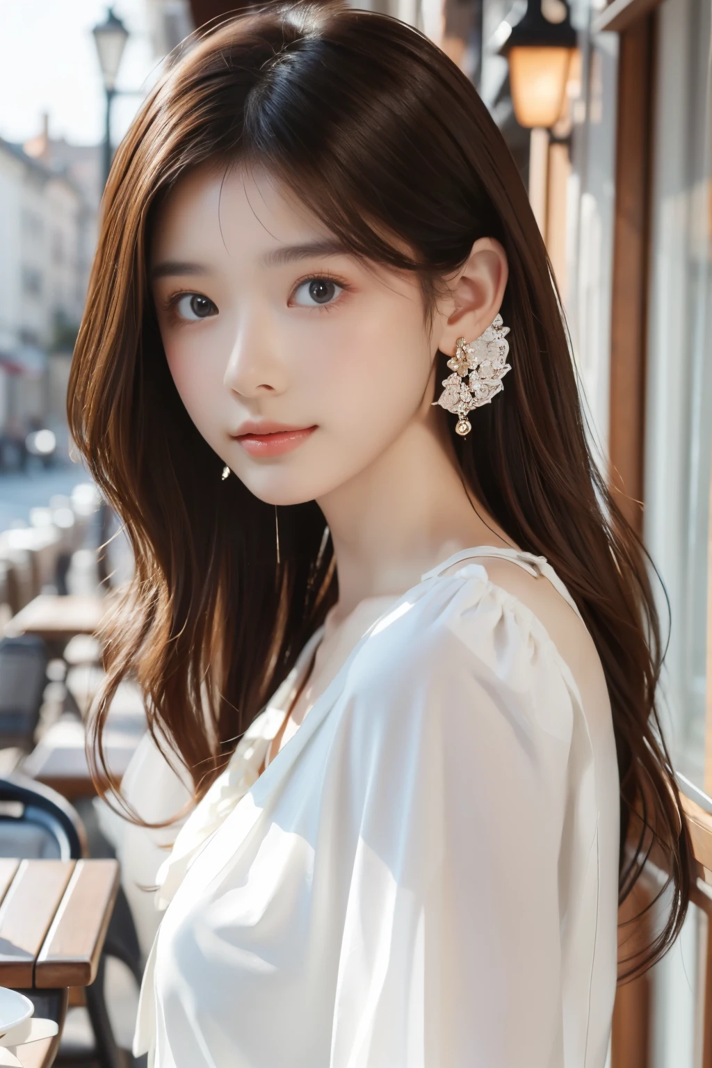 masterpiece、 best quality、Genuine、 Very detailed、Subtle details、 high definition 、8k wallpaper、 beautiful woman、Wear a nice blouse、 on a nice cafe terrace、noon、 light brown tousled hair 、 perfect dynamic configuration、 beautiful beautiful eyes、nice big earrings、