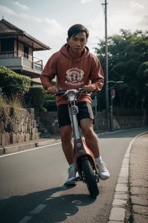 Libido boy。8 year old，Wear a cap。Top jacket，Pants jeans，athletic sneakers，riding bikes，Urban Square，lots of people