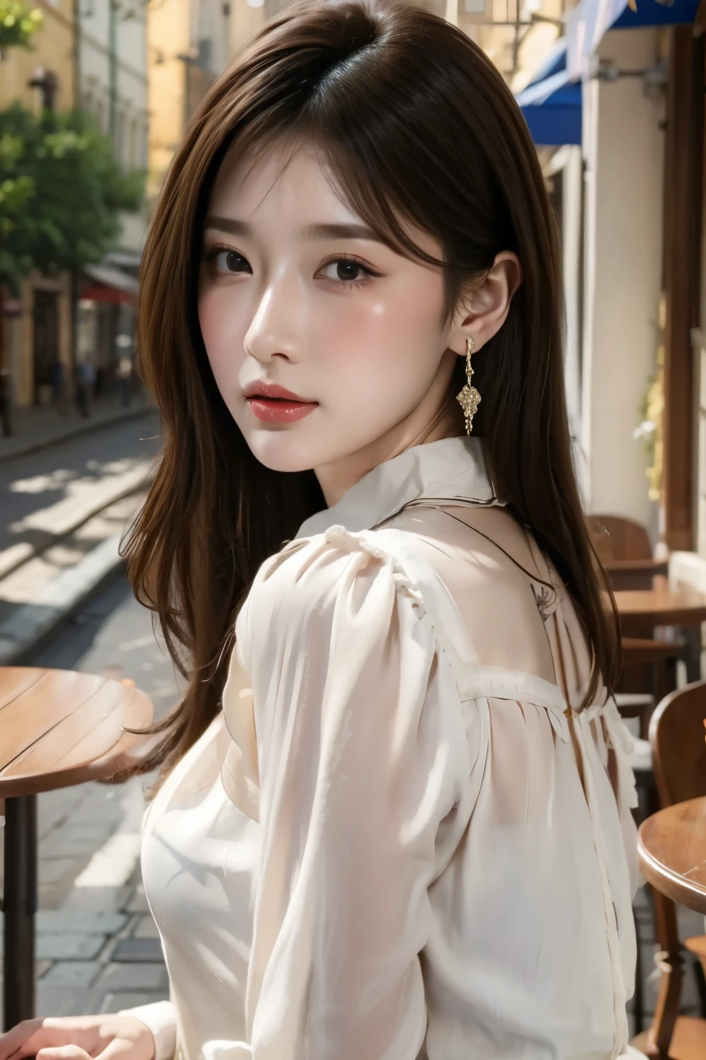 masterpiece、 best quality、Genuine、 Very detailed、Subtle details、 high definition 、8k wallpaper、 beautiful woman、Wear a nice blouse、 on a nice cafe terrace、noon、 light brown tousled hair 、 perfect dynamic configuration、 beautiful beautiful eyes、nice big earrings、