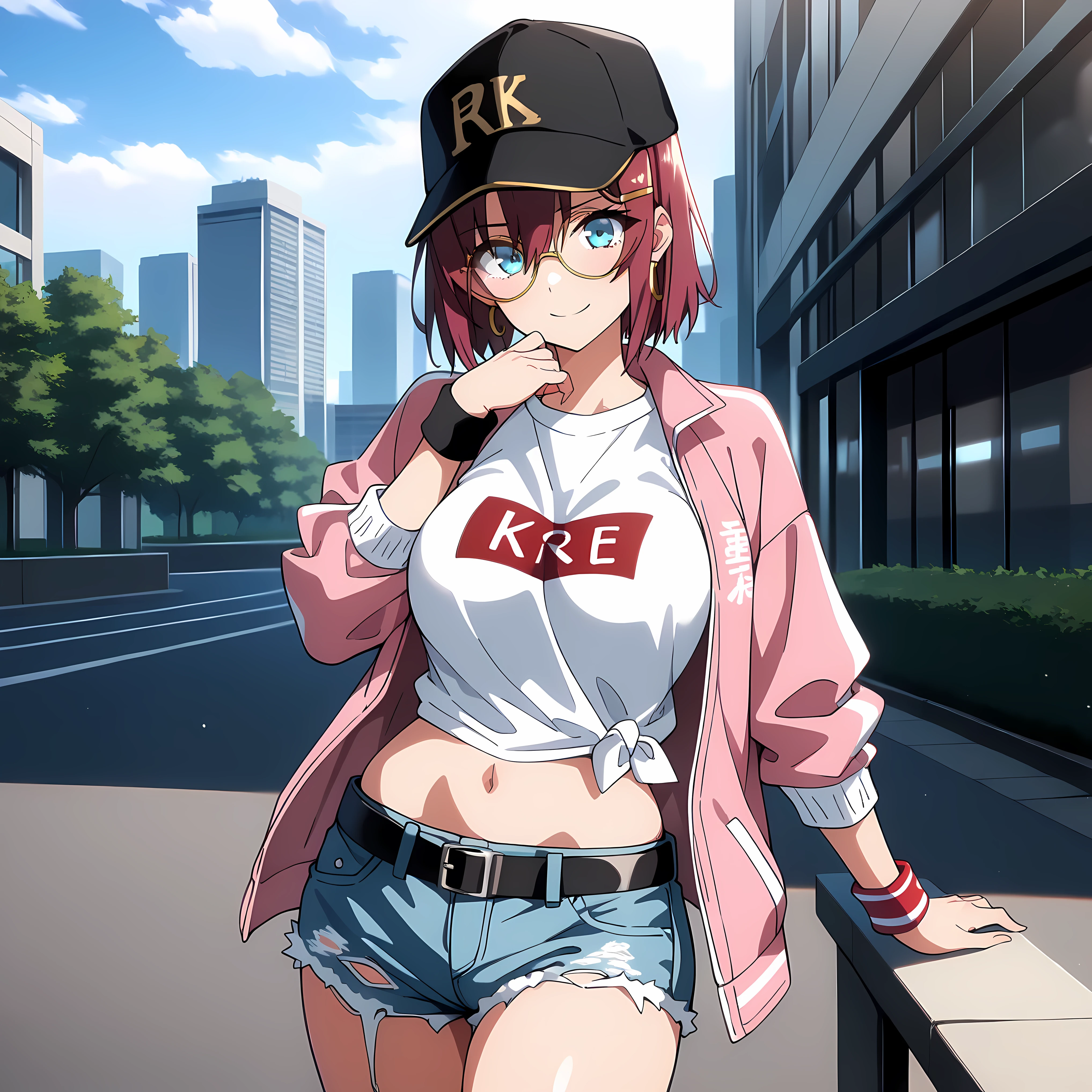masterpiece, best quality, amazing quality, very aesthetic, absurdres, newest, scenery,highly detailed,high-resolution, {{Increase saturation:1.2、Highly colored}} looking at viewer,smile, solo, AkaneNanao,1girl,red hair,short hair,hairclip,blue eyes, Medium breasts,
baseball cap, black headwear, text print, print headwear, glasses, round eyewear, yellow-framed eyewear, white shirt, t-shirt, clothes writing, midriff, pink jacket, open jacket, long sleeves, short shorts, blue shorts, denim shorts, torn shorts, cutoffs, black belt, hoop earrings, wristband