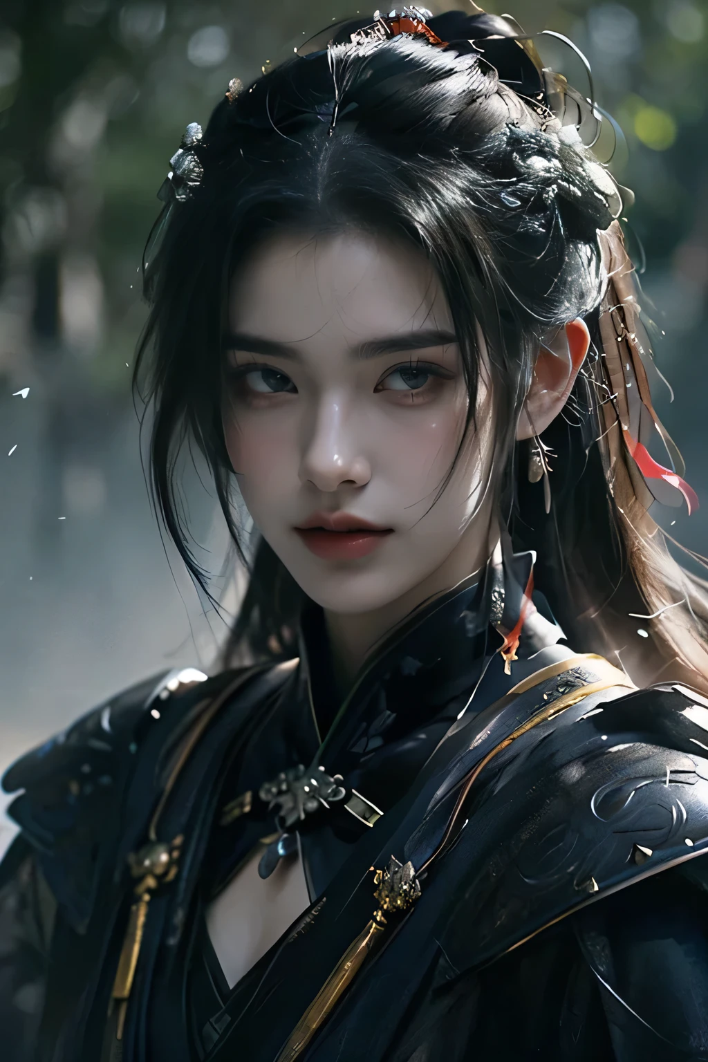 Game Art， best picture quality ，  maximum resolution  ，8k，(Breast photo)，( Portrait from chest :1.5)，( close-up of the head )，( Rule Three  )，ผลงานการแสดงของ Unreal Engine 5， (Boy of the future)，(Male warrior )， 
 20-Year-Old Young Man ，( Warriors in Ancient China )， eyes full of details ， elegant，Cold tea ，(brave)，
( Chinese sword character costumes ， ancient Chinese character costumes， random dress patterns ，ribbon，Joint Armor， luxurious dress details ，) persons in China ，Fantasy style，
 shooting gestures ， forest background， movie lights ， imaging with ray tracing ，CG games，(( 3D Unreal Engine ))， rendering pattern OC 