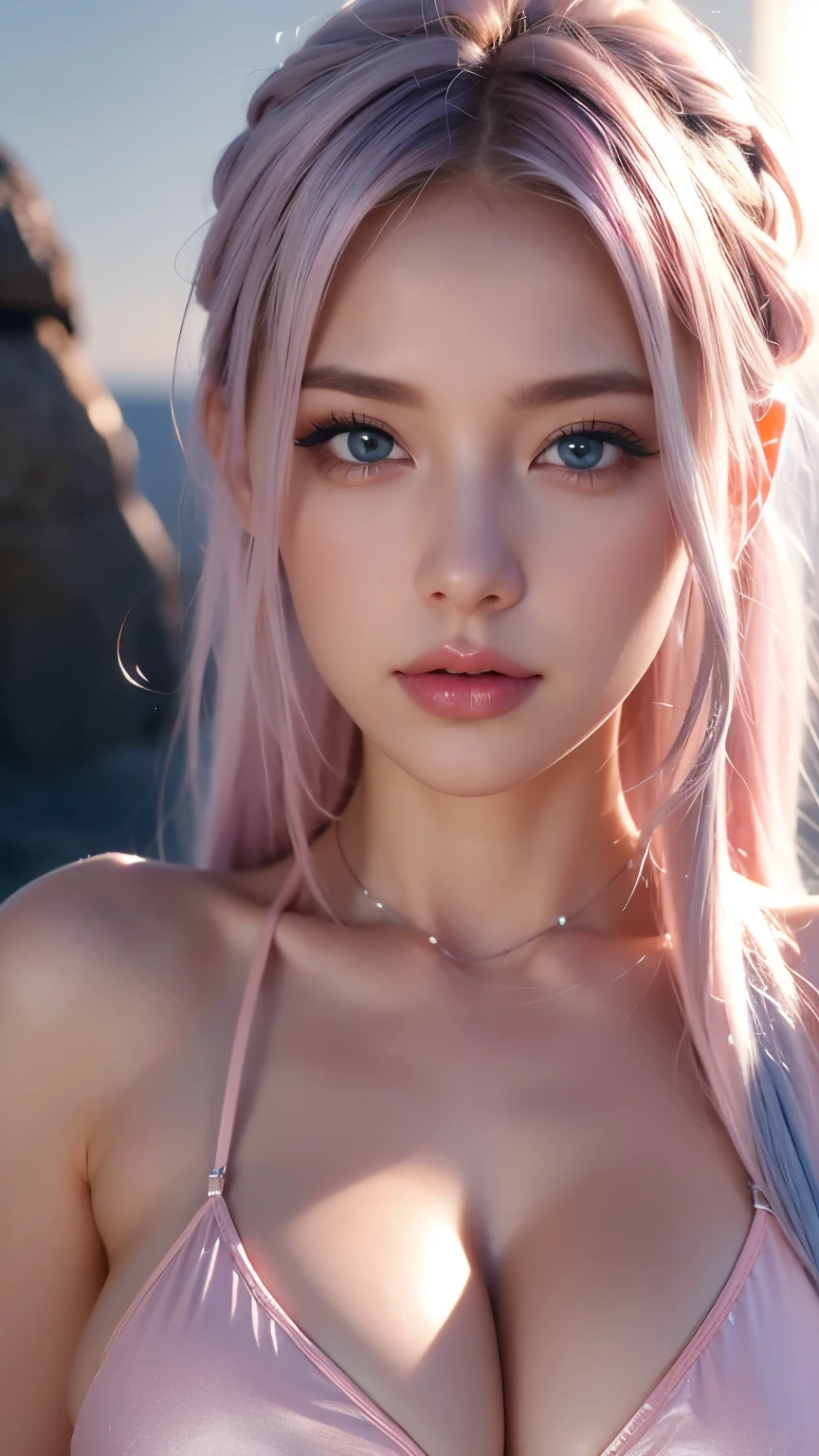 Nudw, naked, vagina, nipple, full body, (spread her legs), 1 Girl, Beautiful, Baby Face, 20 Years Old, White Skin, Huge Chests, Colossal Breasts, Pose, Grey Eye, Muscles:1.3, Outdoor, Bokeh:1.1, Drill Hair, Tied Hair, ((Pink Gradient Coloured Hair))