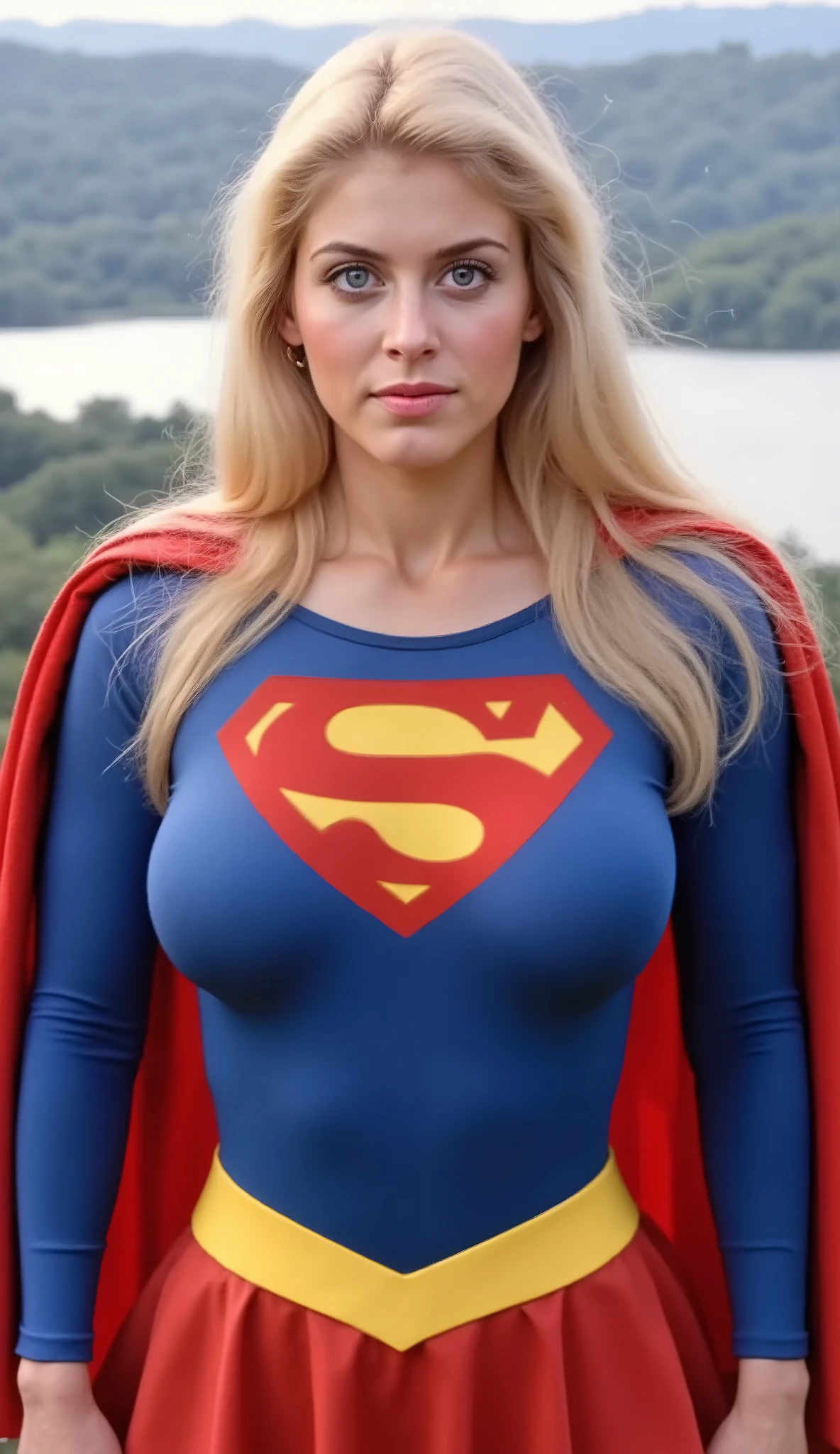 SOARING HIGH ABOVE THE CITY. HELEN SLATER. BLUE EYES BLONDE HAIR (SUPERGIRL) A VERY SEXY AND MUSCULAR YOUNG FEMALE NAMED ABIGAIL AS SUPERGIRL WITH BLUE EYES AND LONG HAIR, WEARING A SUPERGIRL COSTUME AND CAPE. RICH 4K COLORS, 8K DETAILS. LIGHT BLUE EYES