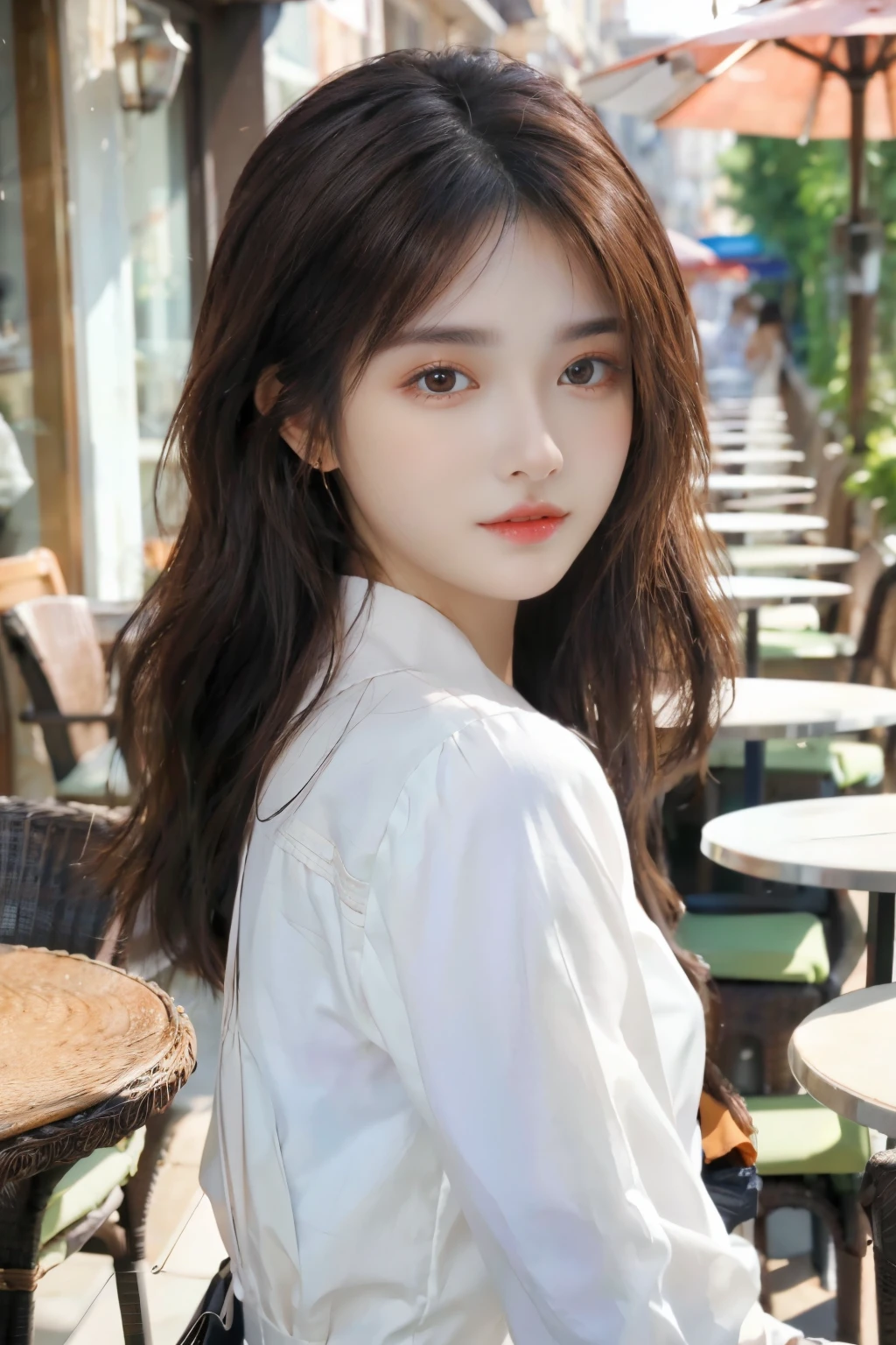 masterpiece、 best quality、Genuine、 Very detailed、Subtle details、 high definition 、8k wallpaper、 Beautiful Women、Wear a nice blouse、 on a nice cafe terrace、noon、 light brown tousled hair 、 perfect dynamic configuration 、 beautiful beautiful eyes、nice big earrings、