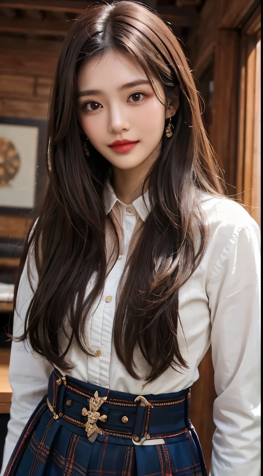 ((Best quality at best, 8k, tmasterpiece: 1.3)), 1 girl, slim, (Brown hair long hair hairstyle, ), a skirt: 1.1, Super slim face, Elaborate Eyes, Double eyelids, ssmile,