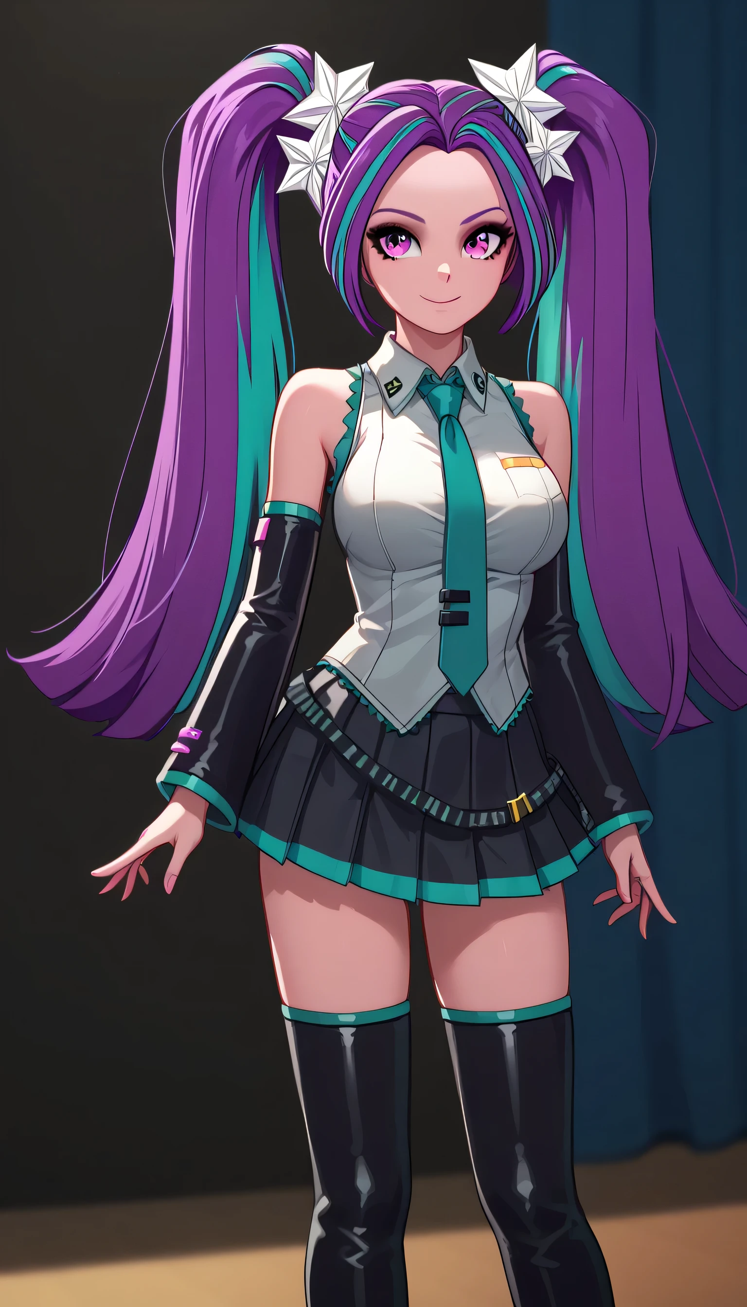 ,large breast ,Aria BlazeEQG Twintails Purple hair Pink eyes Magenta skin,hatsunemikucosplay, hatsune miku \(cosplay\), aqua necktie, black footwear, black skirt, black sleeves, boots, collared shirt, detached sleeves, grey shirt, necktie, pleated skirt, shirt, skirt, sleeveless, sleeveless shirt, thigh boots, tie clip,stage