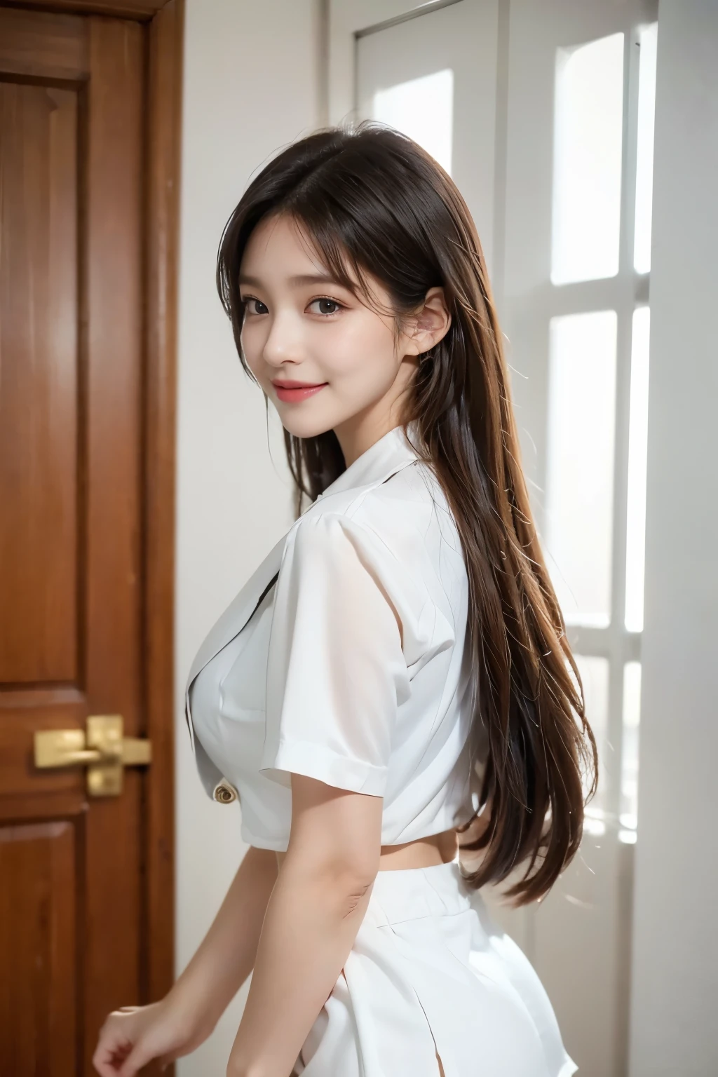 (1 female), beautiful, Great face and eyes, Compensate, (Very detailedbeautiful顔), Captivating smile, (highest quality:1.4), (Very detailed), (very detailed CG synthesis 8k wallpaper), Very detailed, RAW Photos, Professional photography, (Dark suit, White mini skirt:1.2), (Open neck business shirt), length, light brown, Messy Hair、Big earrings、Close-up、