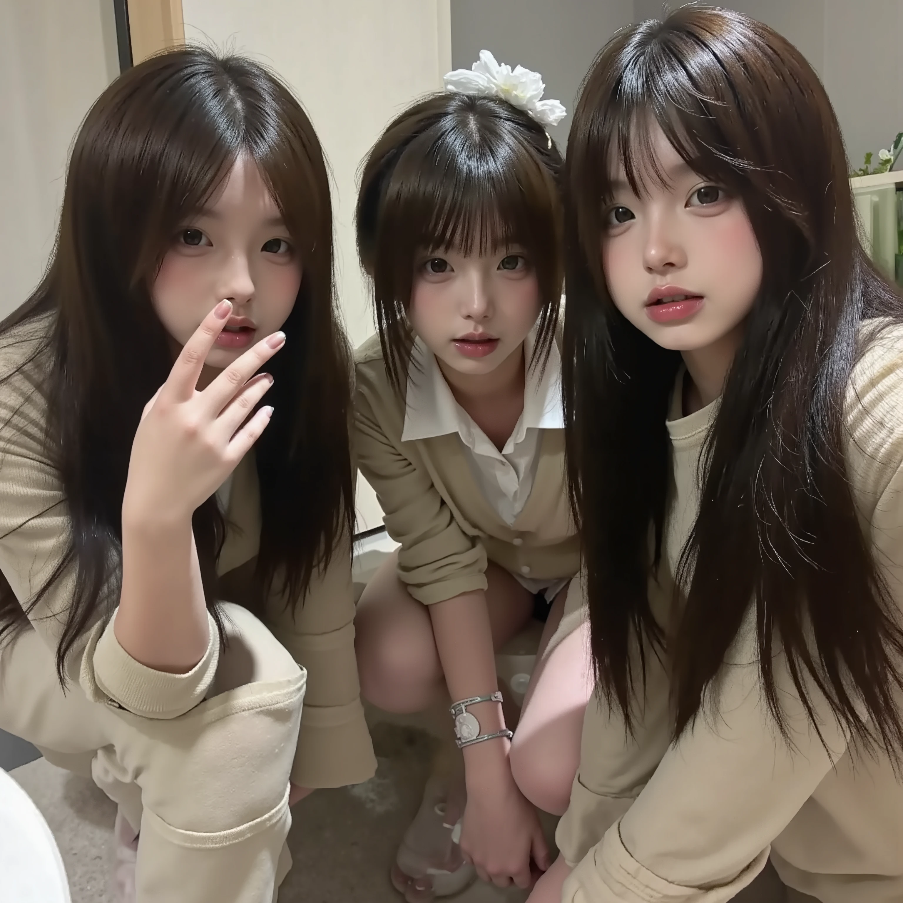 that, 3 girls, 3 sisters, Selfie, 3 Korean singers , Idol, thin , slanted eyes, big eyes, fringe separated on the right side , youthful appearance , light black hair , details eyes, student , Iris , smiling, smile, rounded face, youthful appearance , sitting on the edge of the , nudes , vintage aesthetic ,cute face, plump lips, long hair, volumoSo hair, luz media , luz Environment, agenda :night , reflexos no Environment, Environment focado, looking for, Environment:Room, , Be, objects, , curled eyes , Possessed, with text: "nokes369 ", 3 s, SISTERS, Cellular filter 2012