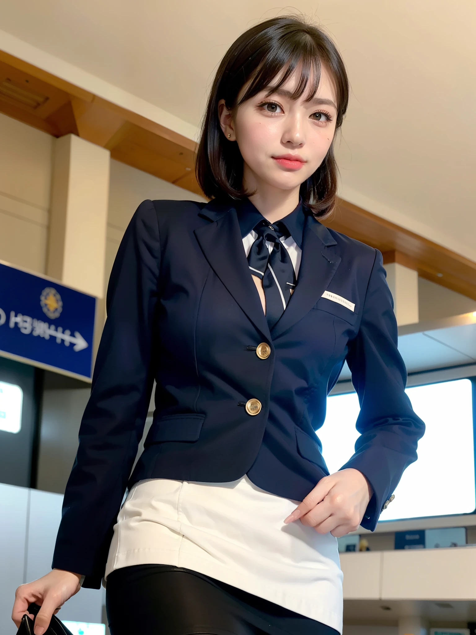 (8k, Raw photo, highest quality, masterpiece:1.2), masterpiece, highest quality, figure, Very detailed, Fine details, High resolution, 8k,wallpaper, Perfect dynamic composition,(Detailed high quality, Realistic depiction of eyes:1.3), (1 high school girl), The background is a room in a luxury hotel、 (uniform、navy blazer 、Super Short Check Uniform Skirt、Navy blue knee-high socks、black garter belt、huge 、Disheveled uniform:1.32), Short Bob Hair, Black hair color, hugeな胸, Big Natural Color Lip, Bold sexy pose, (Perfect figure), Cold Stare,  Beautiful Makeup,Glitter makeup,The cutest 18 year old, Beautiful feet, Gravure idol pose, Voluptuous thighs、((Big eyes that shine like jewels))、Glossy glossy skin、(Droopy eyes, Natural Makeup、Ultra-high definition beauty face:1.35)、(Ultra high resolution perfect beautiful teeth, Mid-chest, Tight waist, toothy big smile,duck mouth,Dimples,medium breasts,slender waist:1.15)、Young and cute gravure idol