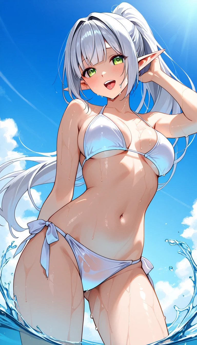 ((4K、8K、top-quality、Perfect fingers: 1.perfect anatomia: 1.3、Background blur))、((ars、a junii、small tits 、cute big droopy eyes、stright long hair、a beautiful slender girl、A smile))、(a sailor suit、swim wears:1.1)、Full-body angle、Blue sky and white sand beach、