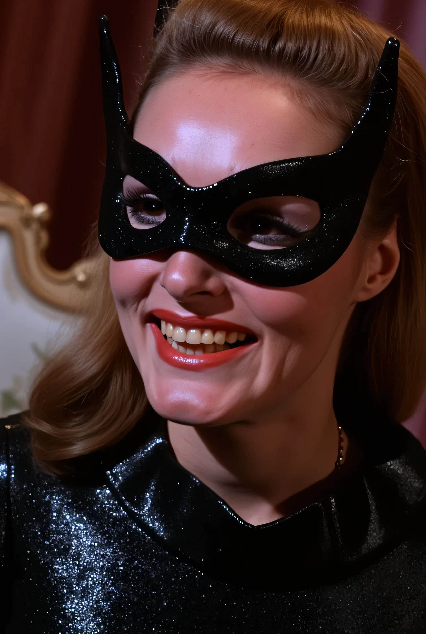  tallulah bankhead,.wearing eye mask, full face only shot, laughing, Dressed in a black tight-fitting , closed to the neck ,  latex metallized catsuit .