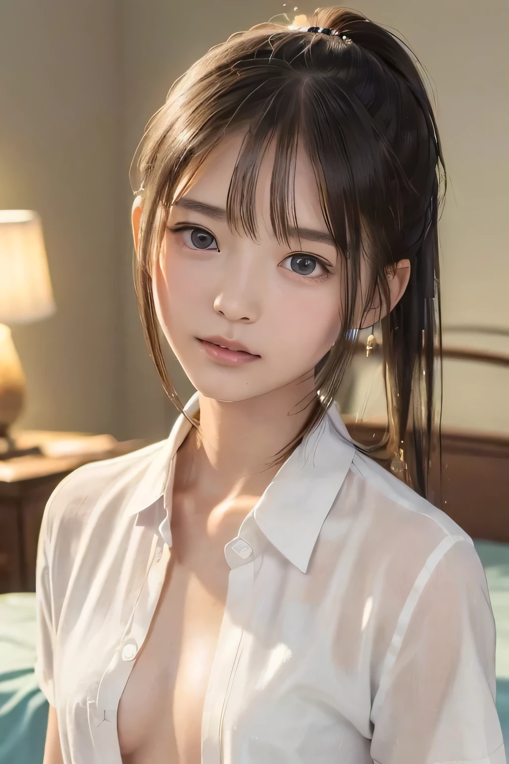 (8k, RAW photo, photorealistic:1.25), (looking at viewer, Messy, disheveled wet Hair, wet short ponytail hair:1.8), (lip gloss, eyelashes, Shiny surface, Glossy Skin, best quality, ultra highres, allows depth of field, Color Difference , caustics, blow lighting , Natural Shading, kpop idol), (cleavage, flat chest, naked white shirt, nude, short sleeve shirt, Unbuttoned shirt:1.7), crying, tears, tearing, sadness, (dark background, indoor, double bed, dark small bedroom, night view:1.4)