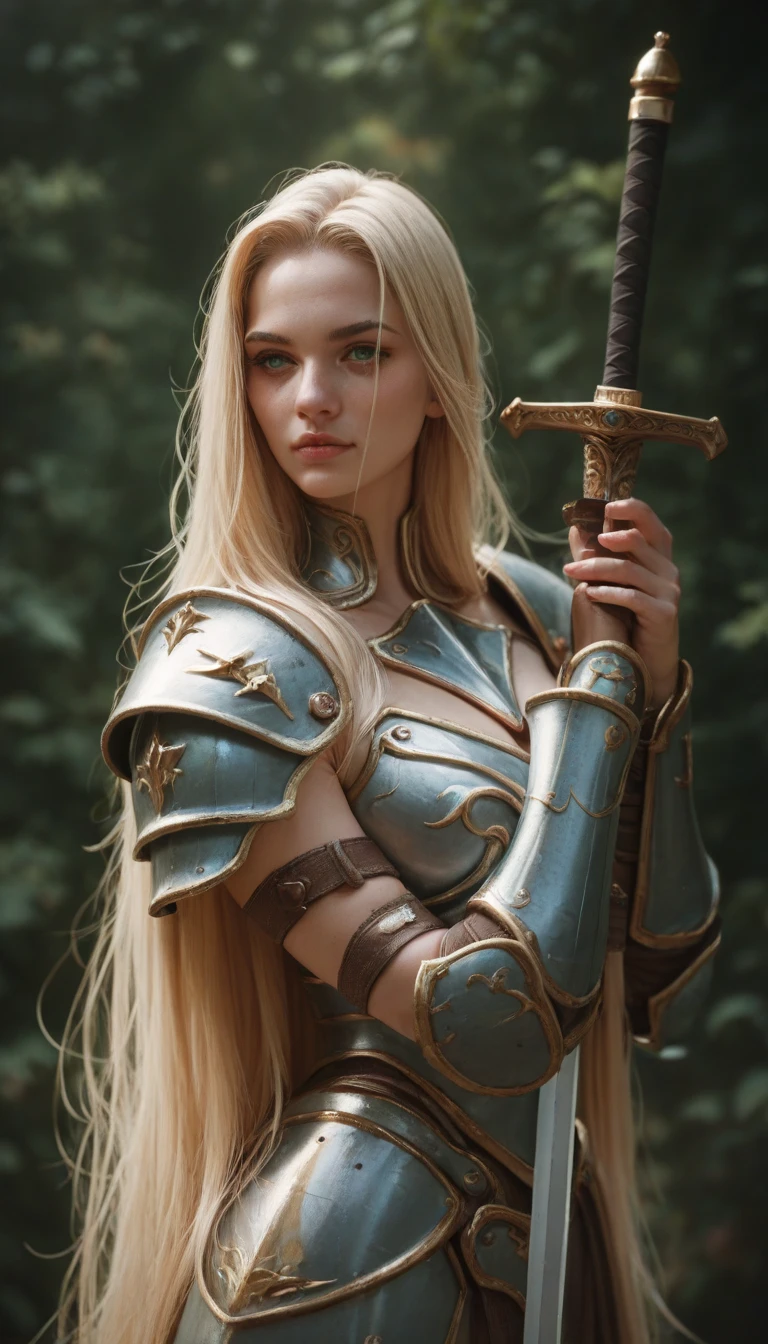 (masterpiece), (extremely intricate:1.3), (realistic), portrait of a girl, the most beautiful in the world, green eyes, very high quality model, perfect lips, perfect nose, perfect eyes, (medieval armor), metal reflections, outdoors, intense sunlight, far away castle, professional photograph of a stunning woman detailed, sharp focus, dramatic, award winning, cinematic lighting, , volumetrics dtx, (film grain, blurry background, blurry foreground, bokeh, depth of field, sunset,interaction, Perfectchainmail,((confident)), (cinematic, navi and silver:1.4),
