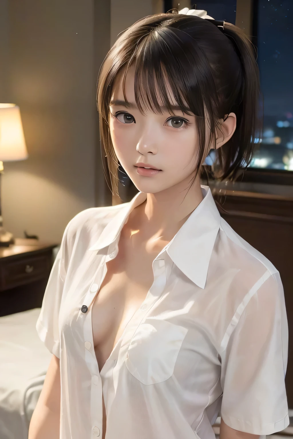 (8k, RAW photo, photorealistic:1.25), (looking at viewer, Messy, disheveled wet Hair, wet short ponytail hair:1.8), (lip gloss, eyelashes, Shiny surface, Glossy Skin, best quality, ultra highres, allows depth of field, Color Difference , caustics, blow lighting , Natural Shading, kpop idol), (cleavage, flat chest, naked white shirt, nude, short sleeve shirt, Unbuttoned shirt:1.7), crying, tears, tearing, sadness, (dark background, indoor, double bed, dark small bedroom, night view:1.4)