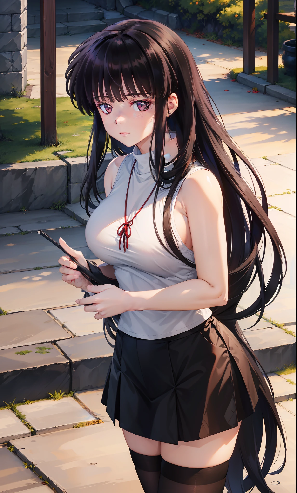 Masterpiece, best quality, highres, highly detailed, 1 girl, kikyo, long hair, black hair, black eyes, large breast, tight black sleeveless turtleneck, gray tight span skirt, black stocking, inside, outdoor, looking at viewers, perfect eyes colors, perfect finger shape, the number of is not excessive, the number of fingers is perfect,
