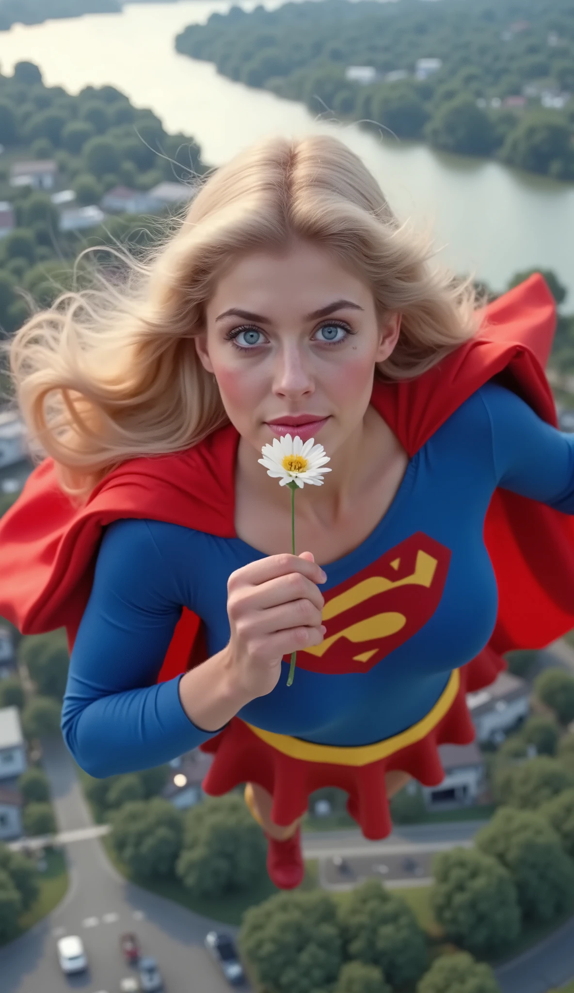 GRACEFULLY SOARING HIGH ABOVE THE CITY HOLDING A FLOWER UP TO HER NOSE AND SMELLING IT. HELEN SLATER. BLUE EYES BLONDE HAIR (SUPERGIRL) A VERY SEXY AND MUSCULAR YOUNG FEMALE NAMED ABIGAIL AS SUPERGIRL WITH BLUE EYES AND LONG HAIR, WEARING A SUPERGIRL COSTUME AND CAPE. RICH 4K COLORS, 8K DETAILS. LIGHT BLUE EYE