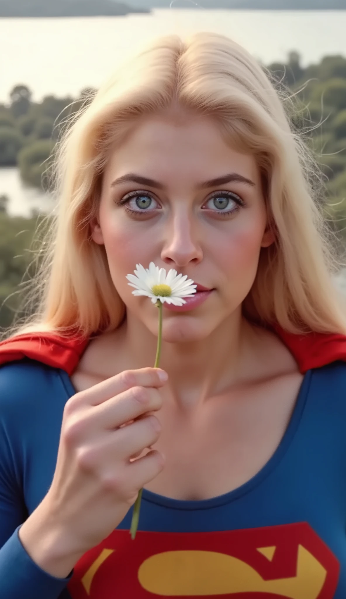 LIGHT BLUE EYES, GRACEFULLY SOARING HIGH ABOVE THE CITY HOLDING A FLOWER UP TO HER NOSE AND SMELLING IT. HELEN SLATER. BLUE EYES BLONDE HAIR (SUPERGIRL) A VERY SEXY AND MUSCULAR YOUNG FEMALE NAMED ABIGAIL AS SUPERGIRL WITH BLUE EYES AND LONG HAIR, WEARING A SUPERGIRL COSTUME AND CAPE. RICH 4K COLORS, 8K DETAILS.