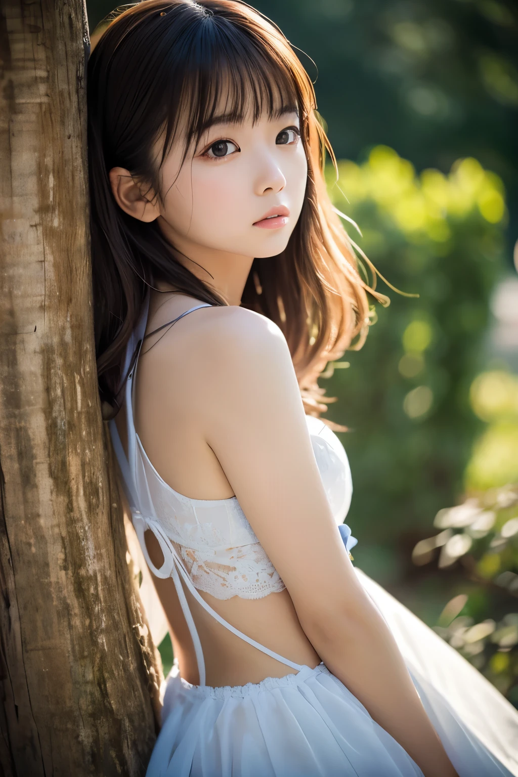 cat ears,absurd, super detailed,bright colors,(8k:1.5),Masseter muscle part,very beautiful detailed face and eyes、valley、summer morning、Ghibli,Random pose sitting on a bench,summer country road