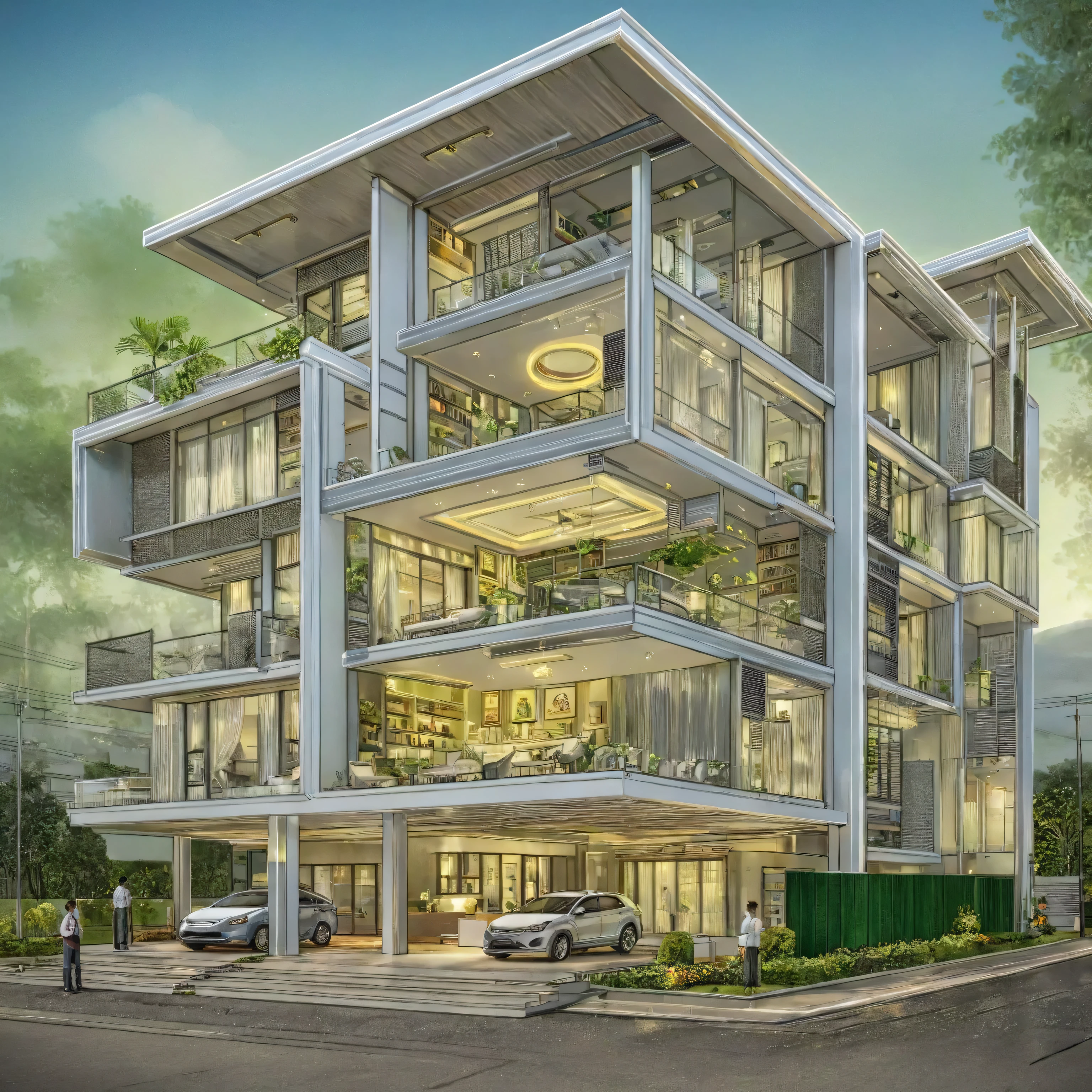 Here is the English translation of the content:
"Below is an exterior design of a modern villa with aluminum and glass doors, white curtains, green trees, a road, and a car at noon with bright sunlight. Let me know if you would like any adjustments!"
