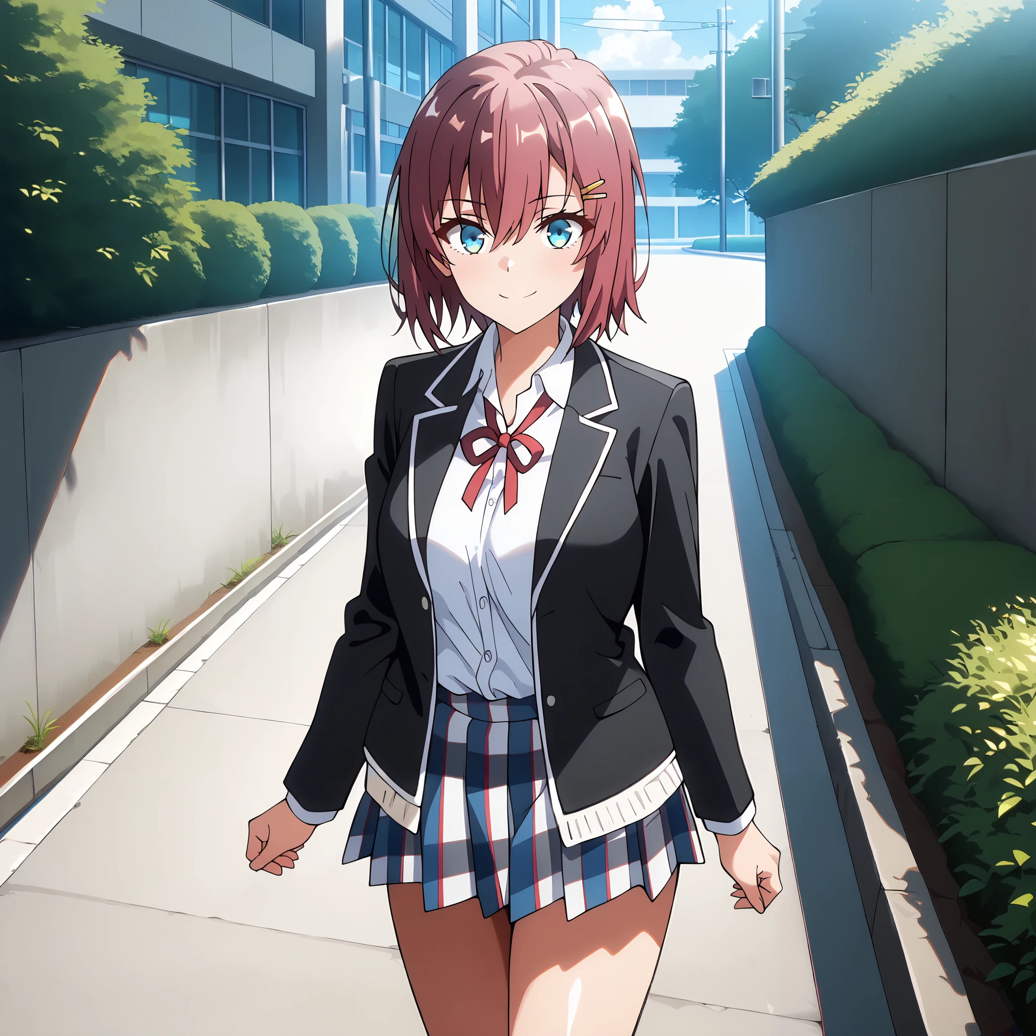 masterpiece, best quality, amazing quality, very aesthetic, absurdres, newest, scenery,highly detailed,high-resolution, {{Increase saturation:1.2、Highly colored}} looking at viewer,smile, solo, AkaneNanao,1girl,red hair,short hair,hairclip,blue eyes, Medium breasts,
YuiSchool, open jacket, black jacket, collared shirt, white shirt, neck ribbon, red ribbon, long sleeves, plaid skirt, pleated skirt, multicolored skirt, sobu high school uniform