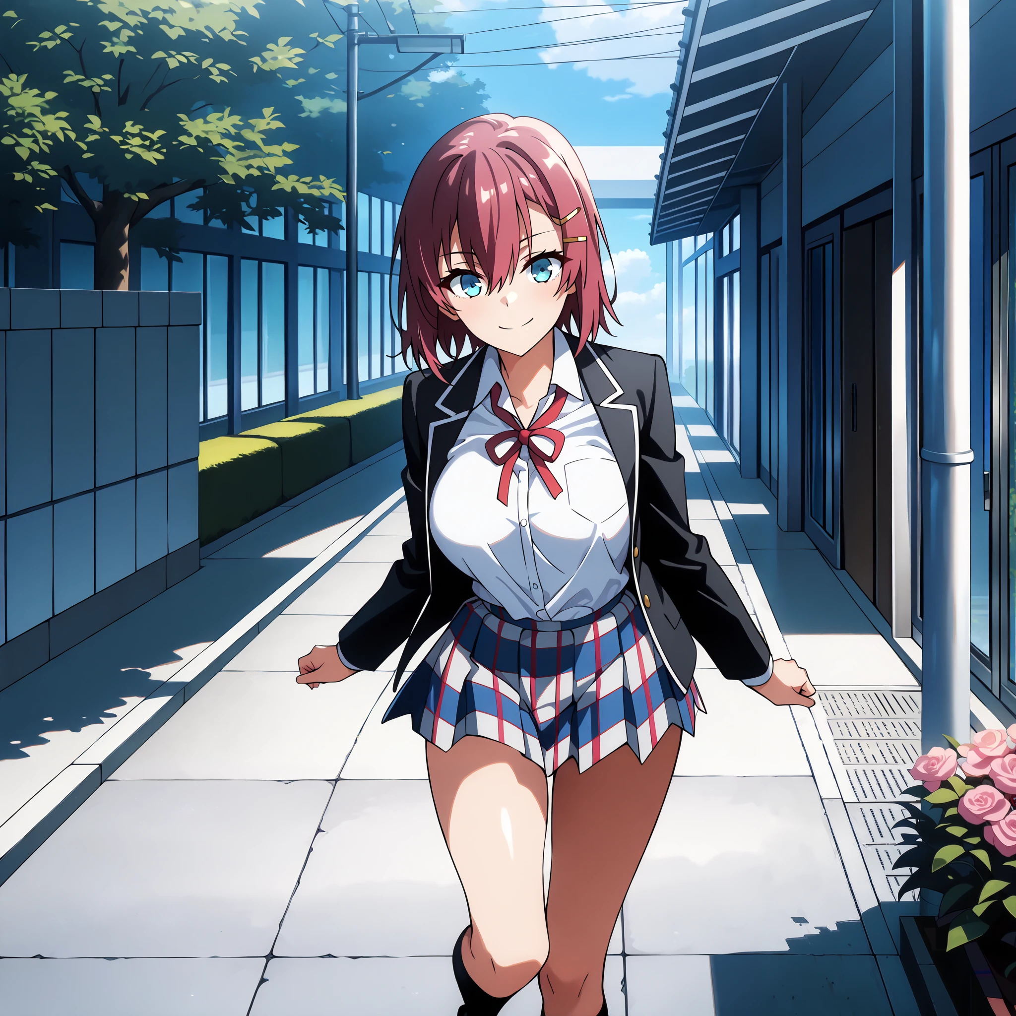 masterpiece, best quality, amazing quality, very aesthetic, absurdres, newest, scenery,highly detailed,high-resolution, {{Increase saturation:1.2、Highly colored}} looking at viewer,smile, solo, AkaneNanao,1girl,red hair,short hair,hairclip,blue eyes, Medium breasts,
YuiSchool, open jacket, black jacket, collared shirt, white shirt, neck ribbon, red ribbon, long sleeves, plaid skirt, pleated skirt, multicolored skirt, sobu high school uniform