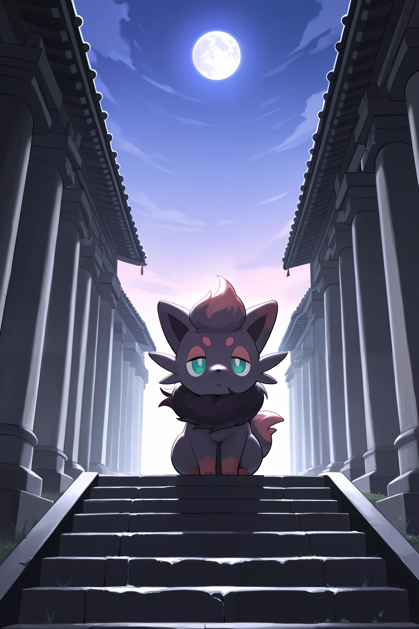 ヒスイZorua　Zorua　winter　 Japanese temples　night　Moonlight shines in