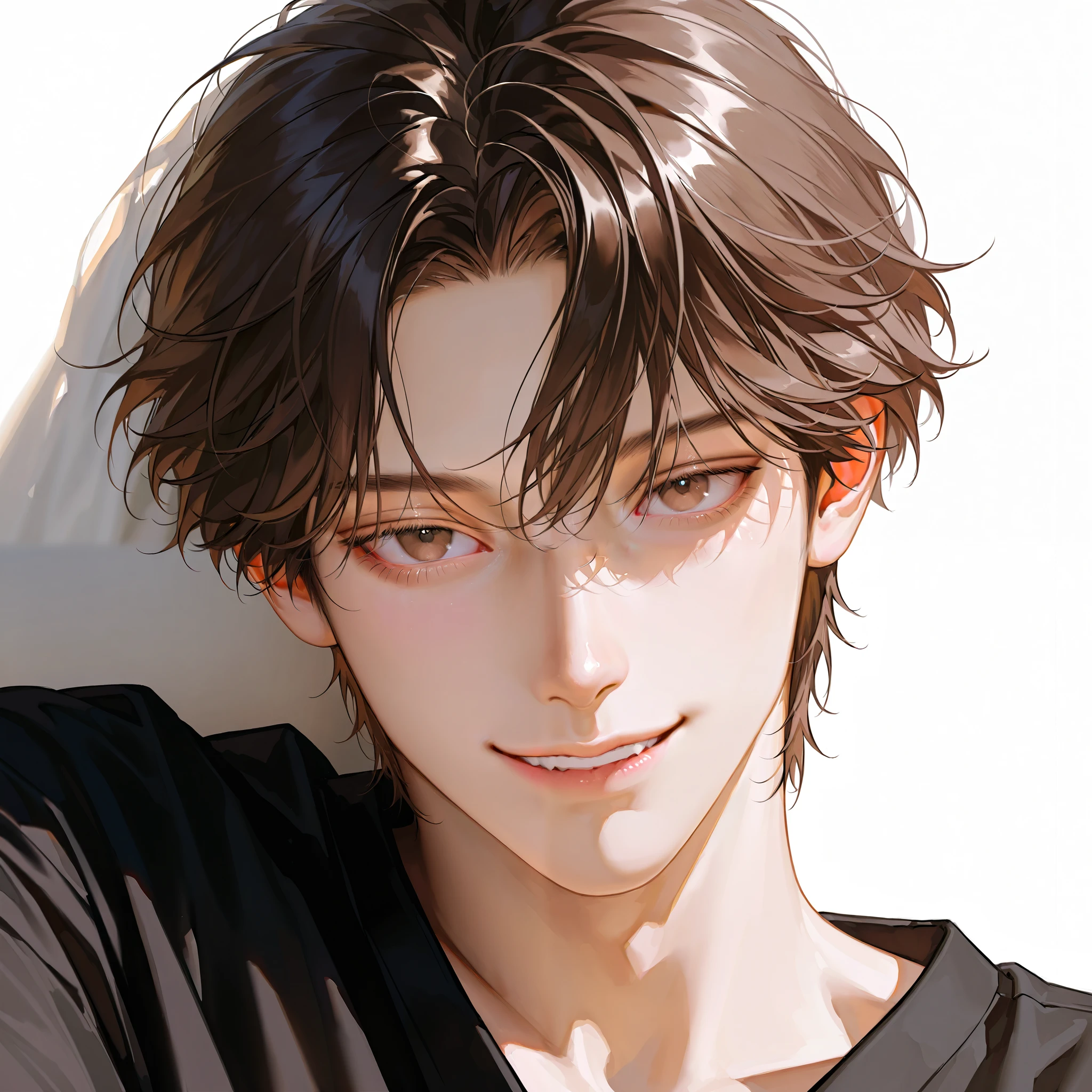 coppery skin, alone, old movie filter lying, short hair, dark dark brown hair , male focus, handsome man, thickly painted, Semi-realistic art , Semi-realistic art style, expressive brushstrokes, vibrant brushstrokes, impressionistic painting, realistic skin, realistic hair, realistic details, photo-realistic, high details, natural curly hair, 1 man , handsome man, watching viewers, 10,000, portrait, Angelic appearance , alone, male-centered, neat and clean hair,smile, fun/ happy , 부드러운 smile, Seductive expression , young man, Early 20s