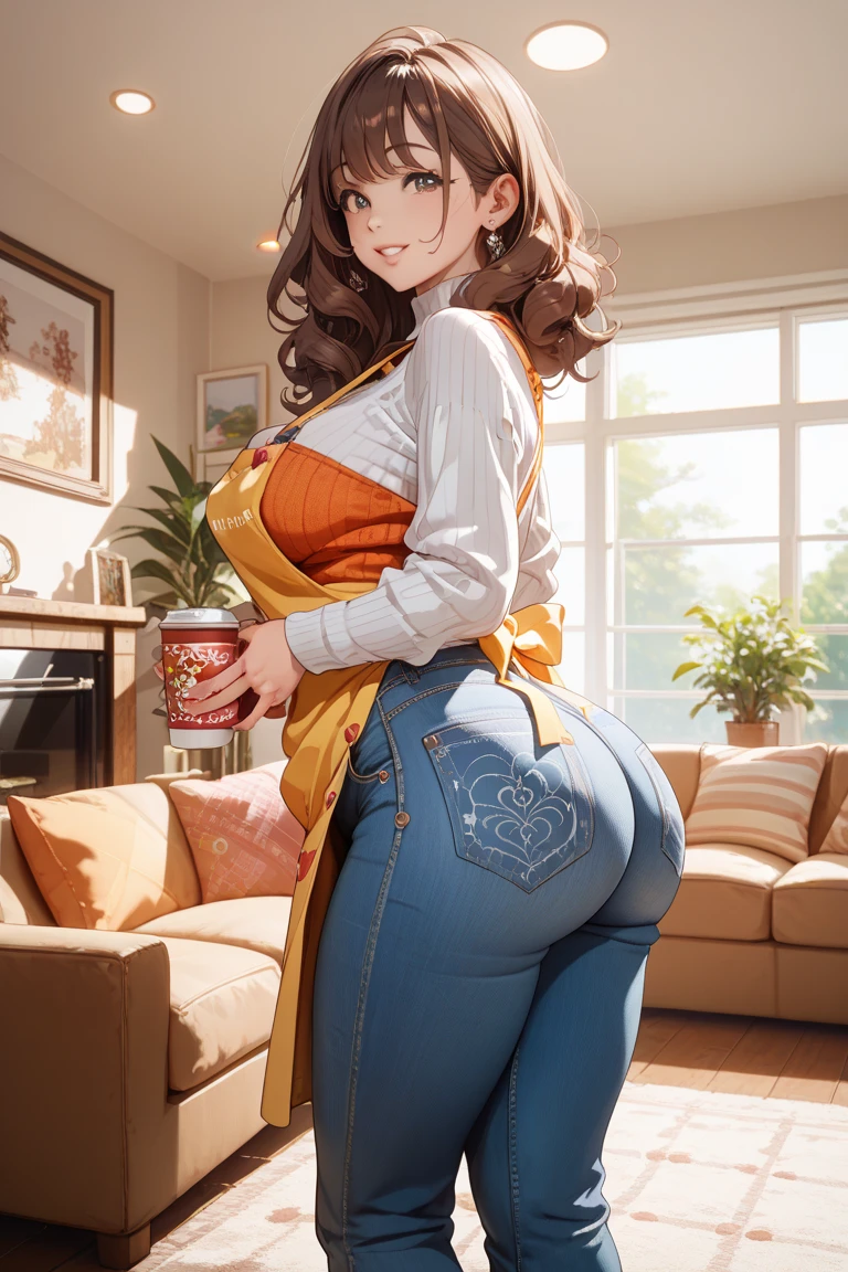 (medium cowboy shot), (wide angle), (side view:0.8), (Julia Roberts aged 19:Rashida Jones aged 19:0.5), candid, casual, cute, soft lighting, backlit, younger, (extremely tall college student:1.5), (extremely long torso:1.5), (extremely long neck:1.5), skinny, arafed, slim, symmetric eyes, (large head:1.25), coffee shop, trendy, latte, busy, diverse people, symmetric breasts, plain dark heavy conservative sweater, loose corduroy long pants, sneakers, maid apron, arms down, (looking away), head turned, (long full dark auburn hair:1.25), (huge colossal gigantic breasts), (big flowing extremely long wavy hair in a high ponytail:1.25), bangs, making coffee, coffee machine, (dimples on cheeks:1.5), symmetric hoop earrings
