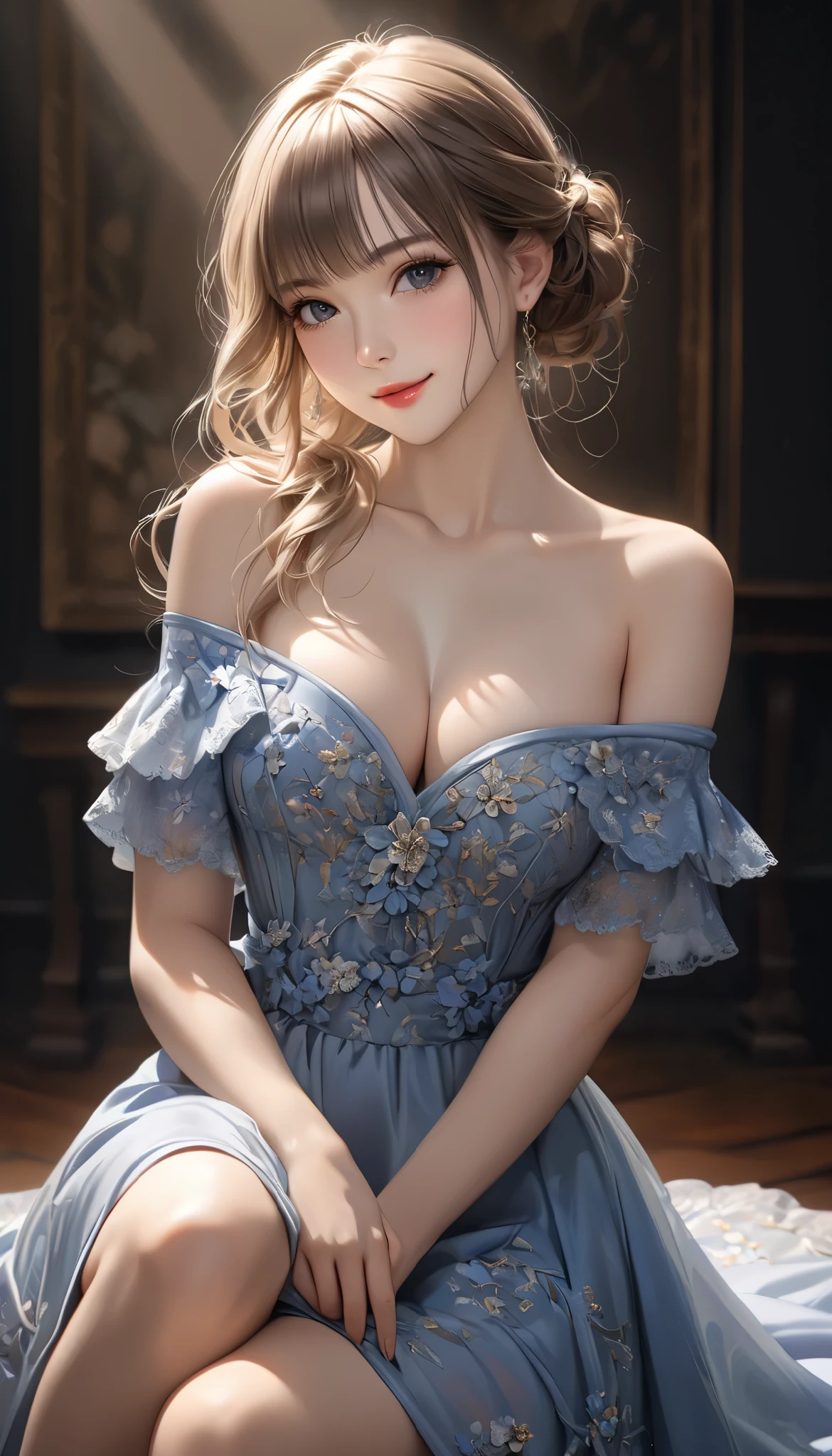 Classy sex appeal、Beautiful elderly woman、Transparent skin、Perfect natural light、8K High Resolution、High resolution、Glowing Beautiful Skin、Transparent beauty、masterpiece、Moist eyes、Bright spot、Gravure quality、Light hair color、Fantastic medieval European style、In the square、Royal Blue Clothing、Long-sleeved clothing、Sister、High Priest、Large Breasts