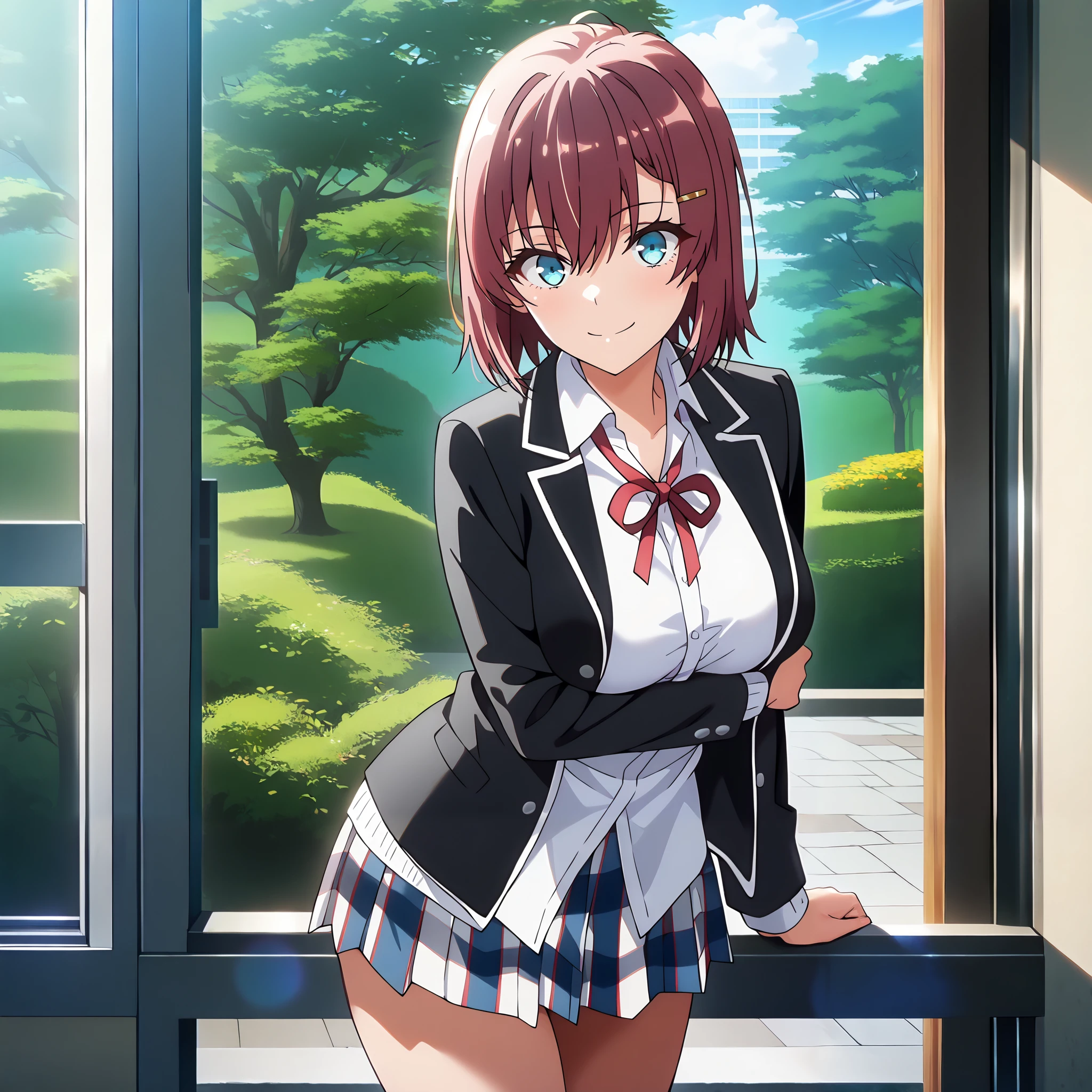 masterpiece, best quality, amazing quality, very aesthetic, absurdres, newest, scenery,highly detailed,high-resolution, {{Increase saturation:1.2、Highly colored}} looking at viewer,smile, solo, AkaneNanao,1girl,red hair,short hair,hairclip,blue eyes, Medium breasts,
YuiSchool, open jacket, black jacket, collared shirt, white shirt, neck ribbon, red ribbon, long sleeves, plaid skirt, pleated skirt, multicolored skirt, sobu high school uniform, untucked shirt