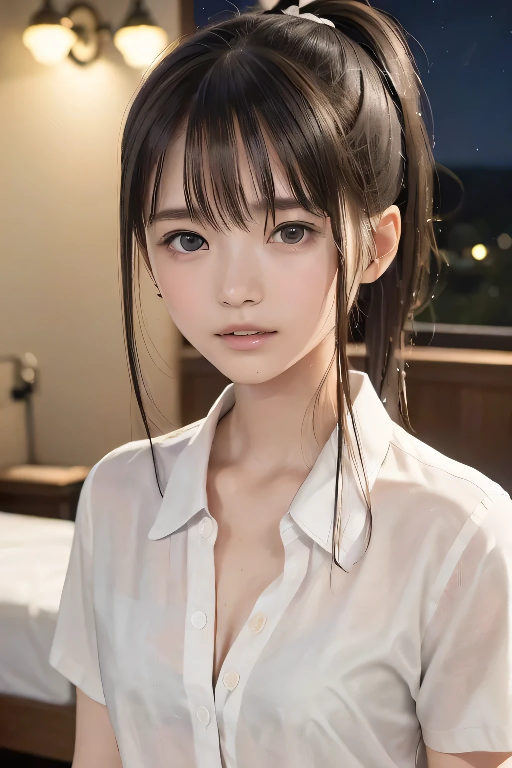 (8k, RAW photo, photorealistic:1.25), (looking at viewer, Messy, disheveled wet Hair, wet short ponytail hair:1.8), (lip gloss, eyelashes, Shiny surface, Glossy Skin, best quality, ultra highres, allows depth of field, Color Difference , caustics, blow lighting , Natural Shading, kpop idol), (cleavage, flat chest, naked white shirt, nude, short sleeve shirt, Unbuttoned shirt:1.7), crying, tears, tearing, sadness, (dark background, indoor, double bed, dark small bedroom, night view:1.4)