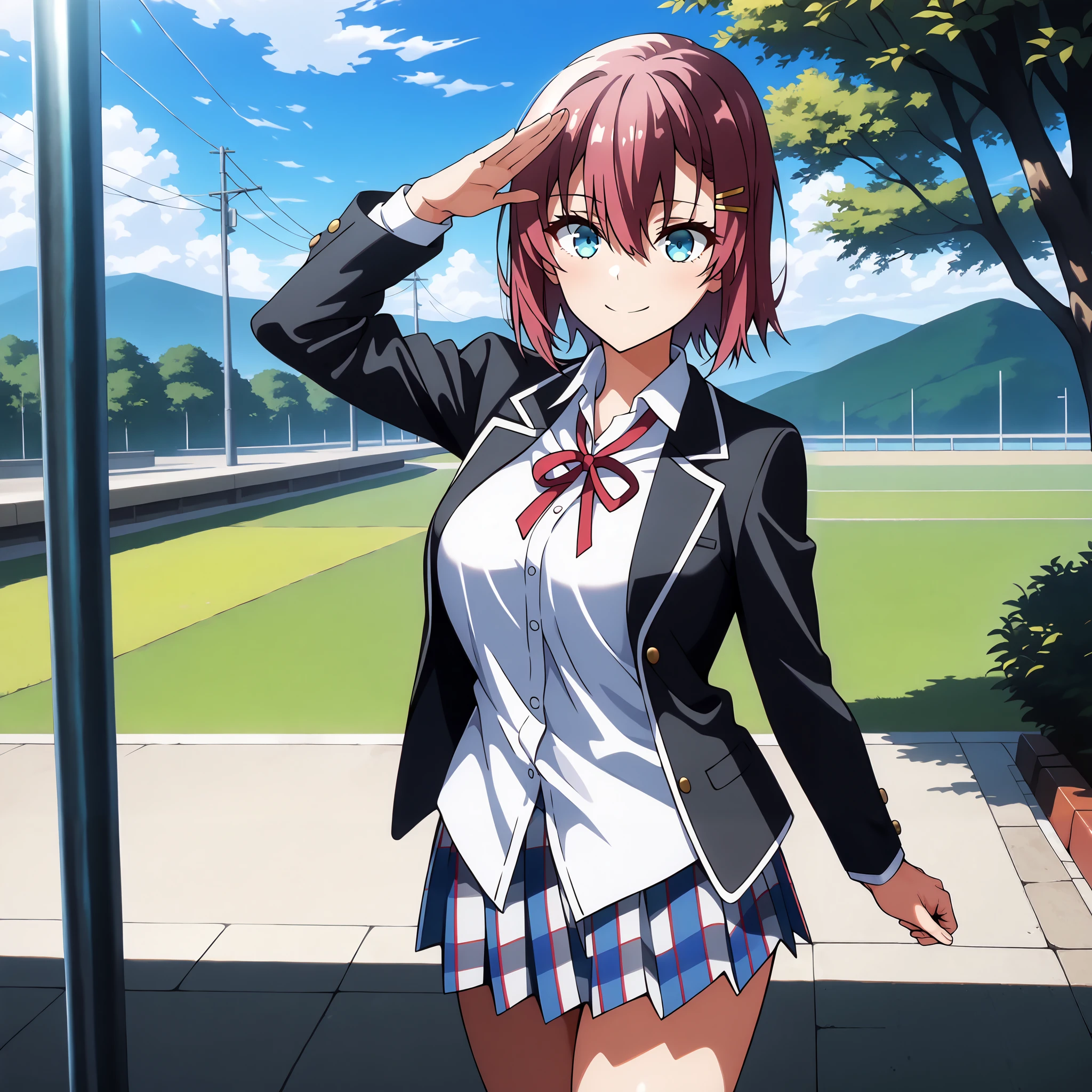 masterpiece, best quality, amazing quality, very aesthetic, absurdres, newest, scenery,highly detailed,high-resolution, {{Increase saturation:1.2、Highly colored}} looking at viewer,smile, solo, AkaneNanao,1girl,red hair,short hair,hairclip,blue eyes, Medium breasts,
YuiSchool, open jacket, black jacket, collared shirt, white shirt, neck ribbon, red ribbon, long sleeves, plaid skirt, pleated skirt, multicolored skirt, sobu high school uniform, untucked shirt
