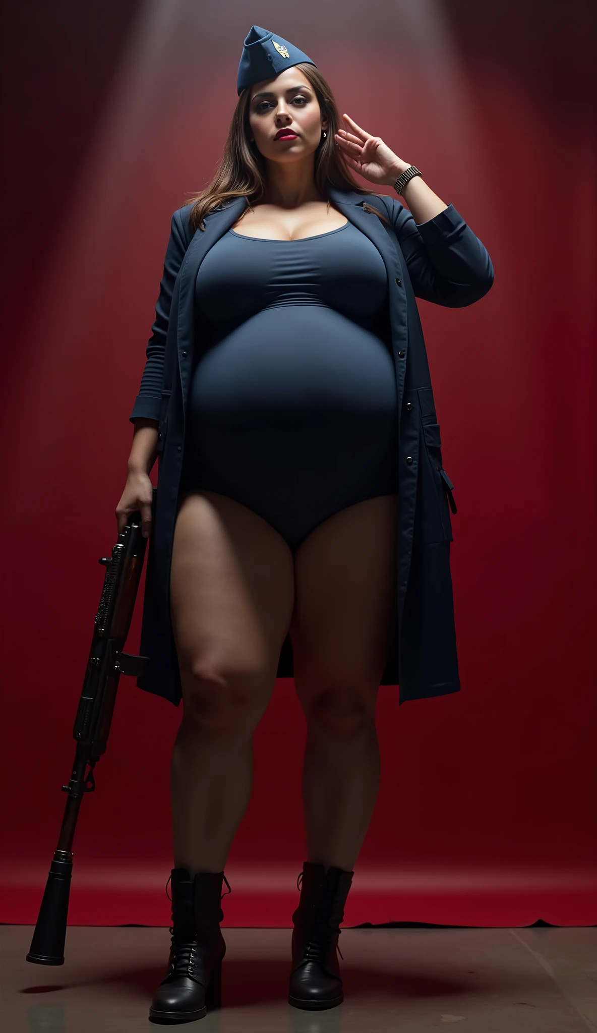 background:Dark Red, single spotlight from above and below (width:1.5,Strength:2.5), full body portrait in front of , combat long boots , 60歳のゲシュタポソルジャーpregnant mature , pregnant mature , blue black Gestapo blue military uniform ( blue black tight leotard ) , blue black beret , blue black coat , while standing still saluting , 60-year-old Gestapo soldier pregnant mature , hanging straight and very long hair up to the knee , member of the evil organization ( 60-year-old pregnant woman 、 Gestapo uniform ), Drooping下がったバスト(size:6.5, Softness:2.9, Drooping:4.9), ゲシュタポ軍服を着た60-year-old pregnant woman 一緒に笑っているあごを大きく上げて正面を見つめている, blue black lip gloss :1.7, very plump body , very plump body , width広い腰, very thick thighs:2.9, Very thick waist :2.9 , very plump body :2.9 , very plump body :2.9 , 60-year-old Gestapo soldier pregnant mature (size:6.5, Softness:2.9, Drooping:4.9) , width広い腰:2.9, very thick thighs:2.9, 60歳のゲシュタポソルジャーpregnant mature , 60-year-old pregnant woman 、 Gestapo uniform , equipped with a very large rifle ,