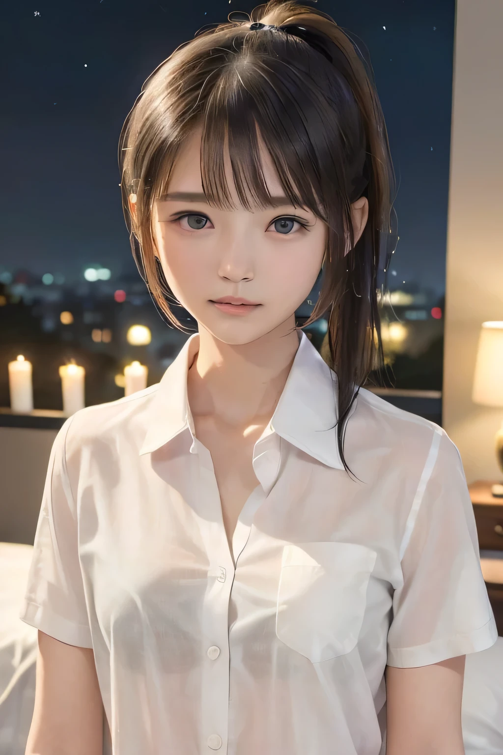 (8k, RAW photo, photorealistic:1.25), (looking at viewer, Messy, disheveled wet Hair, wet short ponytail hair:1.8), (lip gloss, eyelashes, Shiny surface, Glossy Skin, best quality, ultra highres, allows depth of field, Color Difference , caustics, blow lighting , Natural Shading, kpop idol), (cleavage, flat chest, naked white shirt, nude, short sleeve shirt, Unbuttoned shirt:1.7), crying, tears, tearing, sadness, (dark background, indoor, double bed, dark small bedroom, night view:1.4)