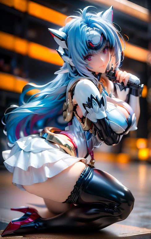 (8k, best quality, masterpiece:1.2), ultra-detailed, (high brightness:1.3), (high contrast:1.1), (high saturation:1.1), (anime screencap:1.20), 1girl, ((solo:1.10)), ((mejiro ardan \(umamusume\))), ((animal ears, horse ears, horse girl, horse tail)), ((long hair:1.10)), ((light blue hair:1.5)), ((((hair ornament:1.5)), (ear ornament:1.3), cute, ((Detailed details eyes:1.5)), cute, (red blush:1.5), ((cute smile, open mouth, happy), (((((saggy large breasts:1.30))))), ((puffy nipples:1.5)), (((large areola:1.10))), (((cleavage:1.10))), (((cameltoe1.5))), (((full body:1.10))), (((slender body:1.20))), ((miniskirt:1.20)), (((((white highleg leotard:1.30))))), (((elbow gloves:1.5))), (((thighhighs:1.20))), (((necktie:1.5)))